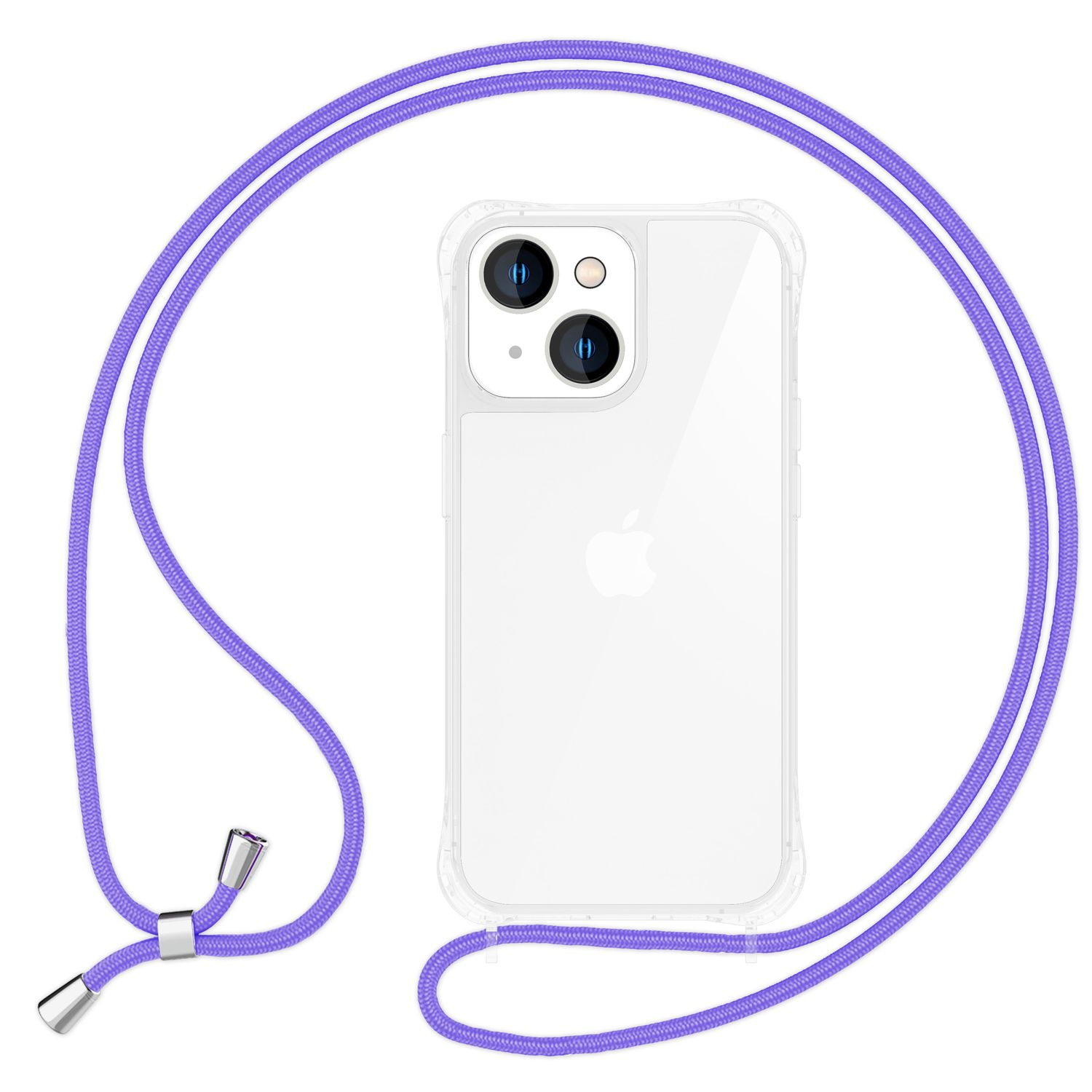 Un teléfono en una funda transparente con una correa de cordón morada.