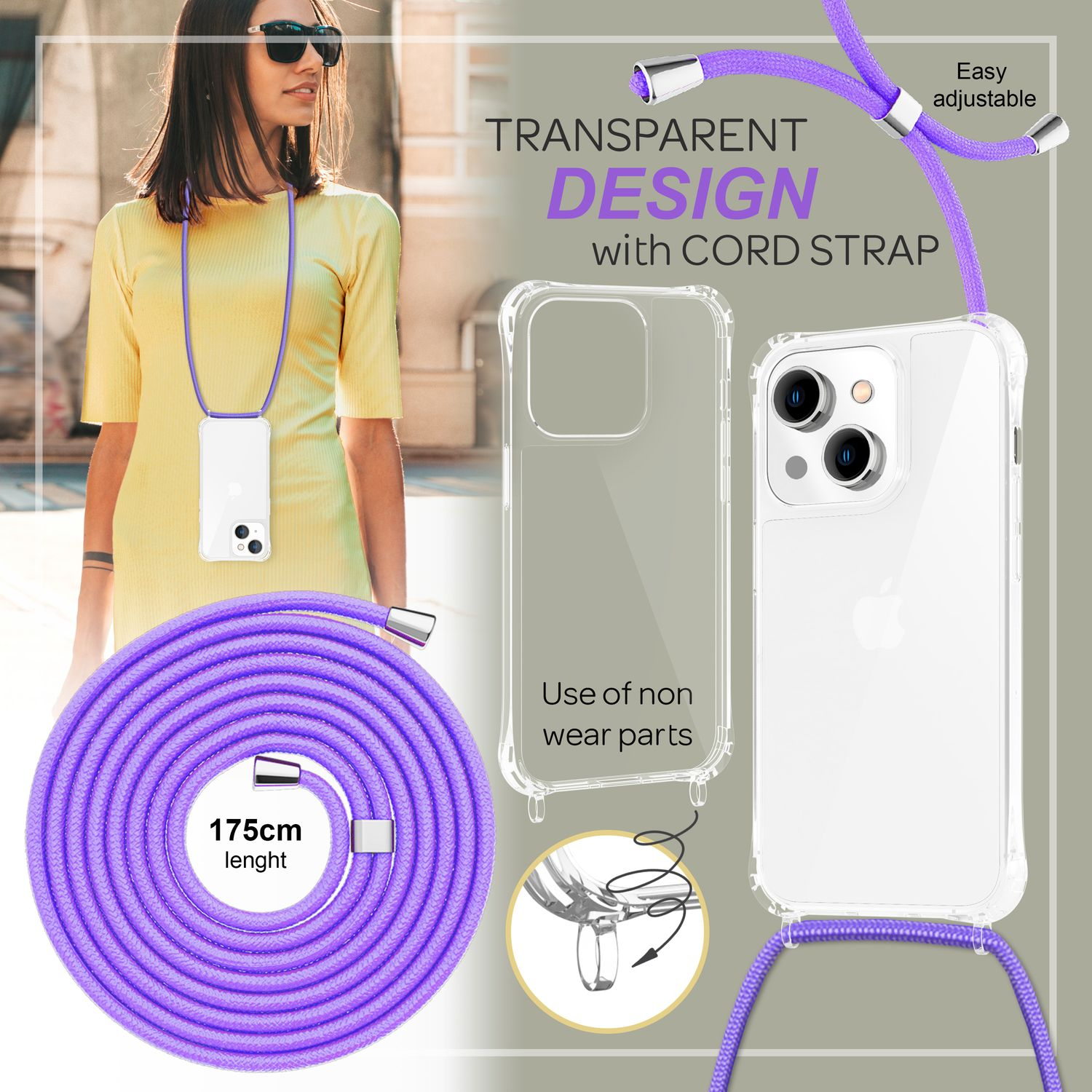 Mujer con vestido amarillo con funda y cordón para teléfono. Funda transparente con correa morada. Superposición de texto.