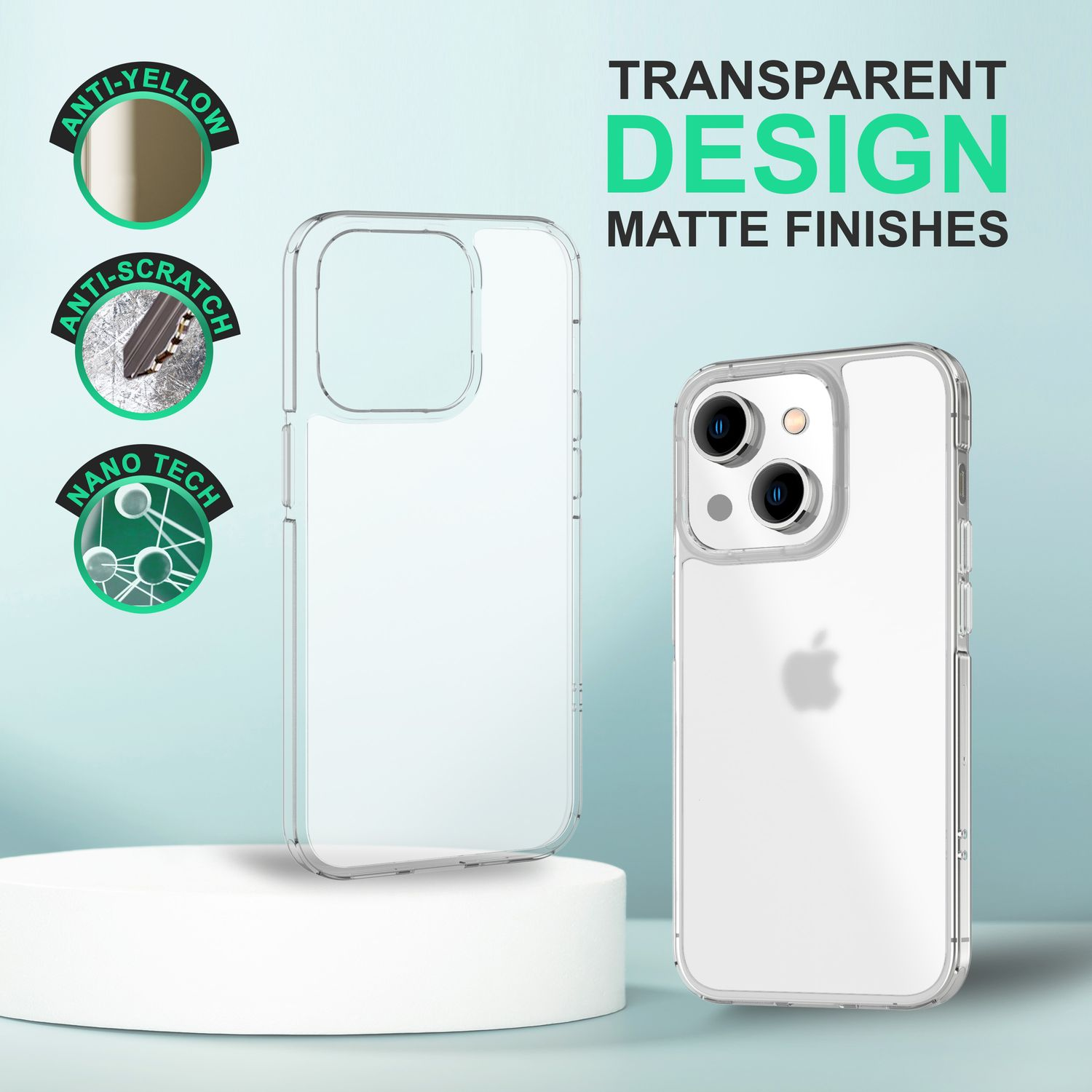 Funda transparente para teléfono con texto: diseño transparente, acabados mate. Iconos anti-amarillo, anti-arañazos y nano tech.