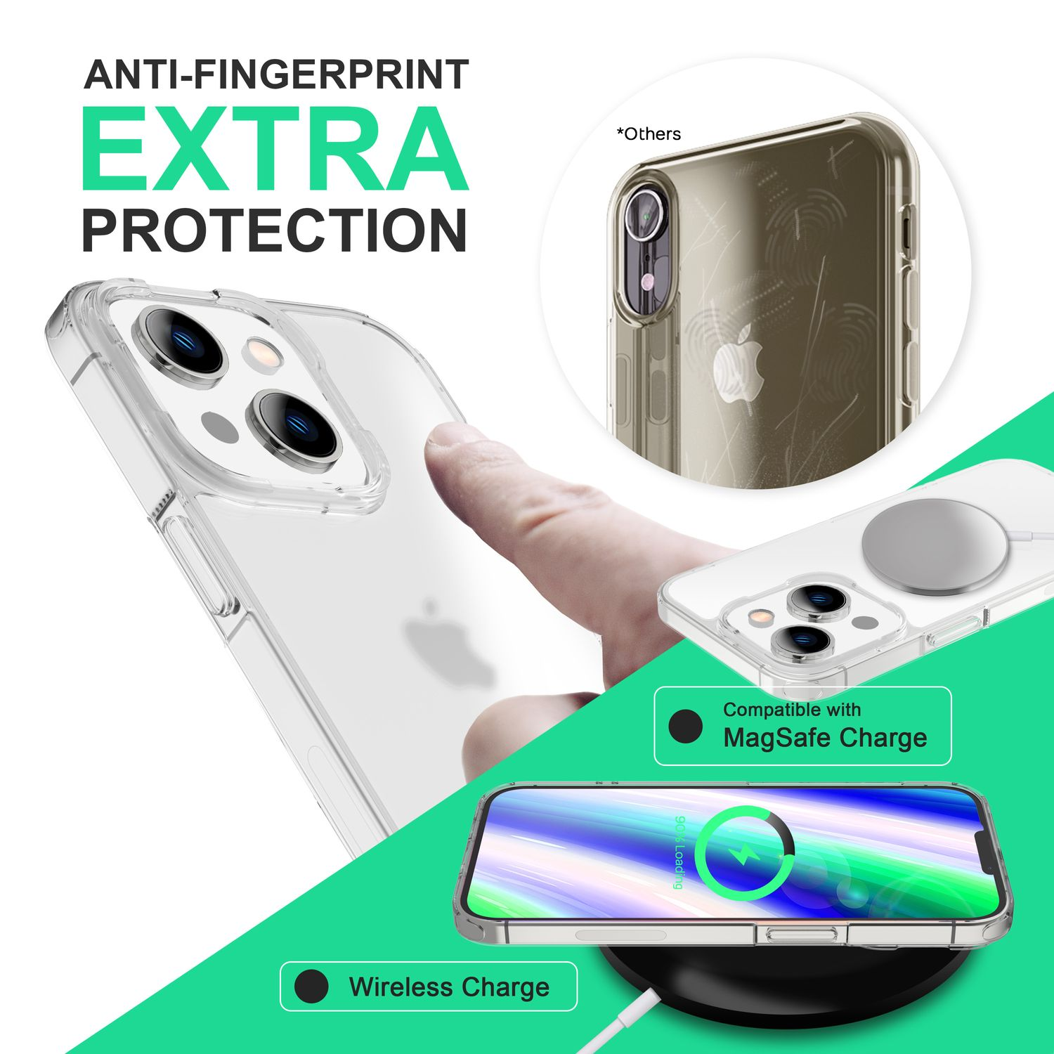 Una funda transparente para teléfono con un iPhone dentro, con una base de carga inalámbrica, que muestra la carga inalámbrica.