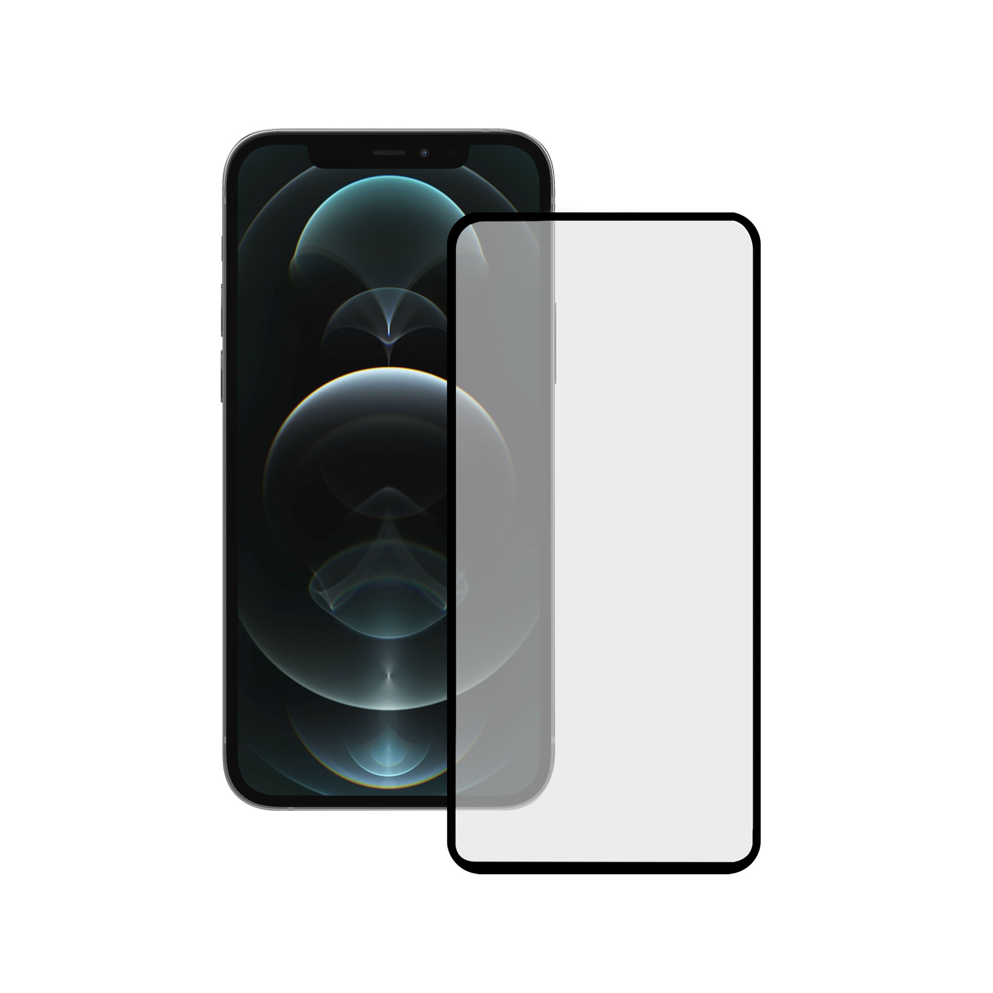 Uno smartphone con una protezione per lo schermo. Il telefono è a sinistra, la protezione a destra.