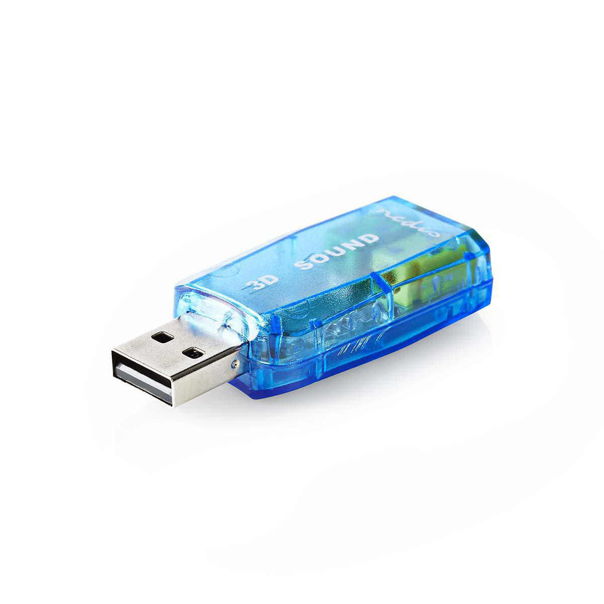 Niebieska karta dźwiękowa USB na białym tle, ze złączem USB.
