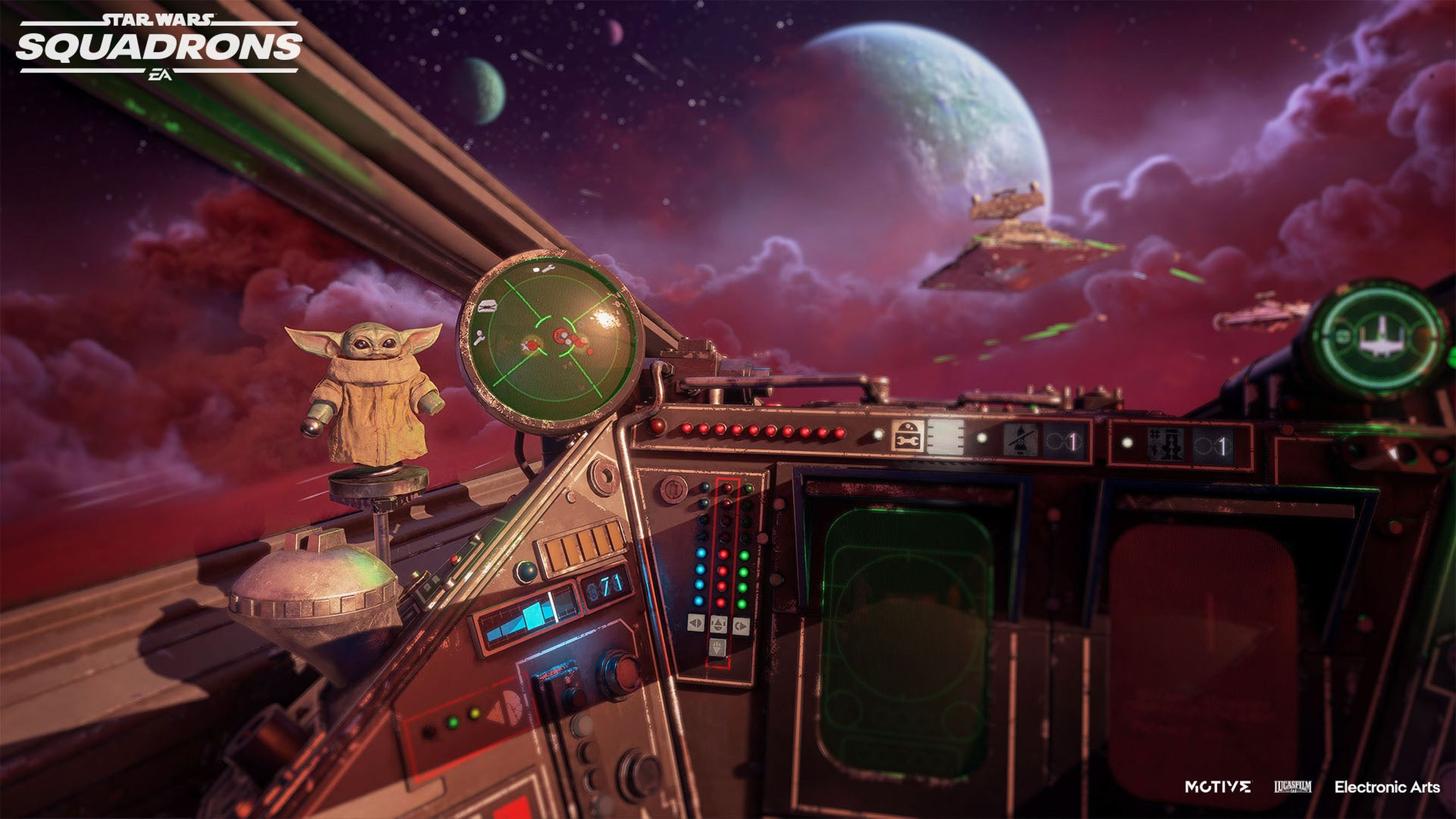 Eine Szene aus Star Wars: Squadrons mit Baby Yoda im Cockpit eines Raumschiffs.
