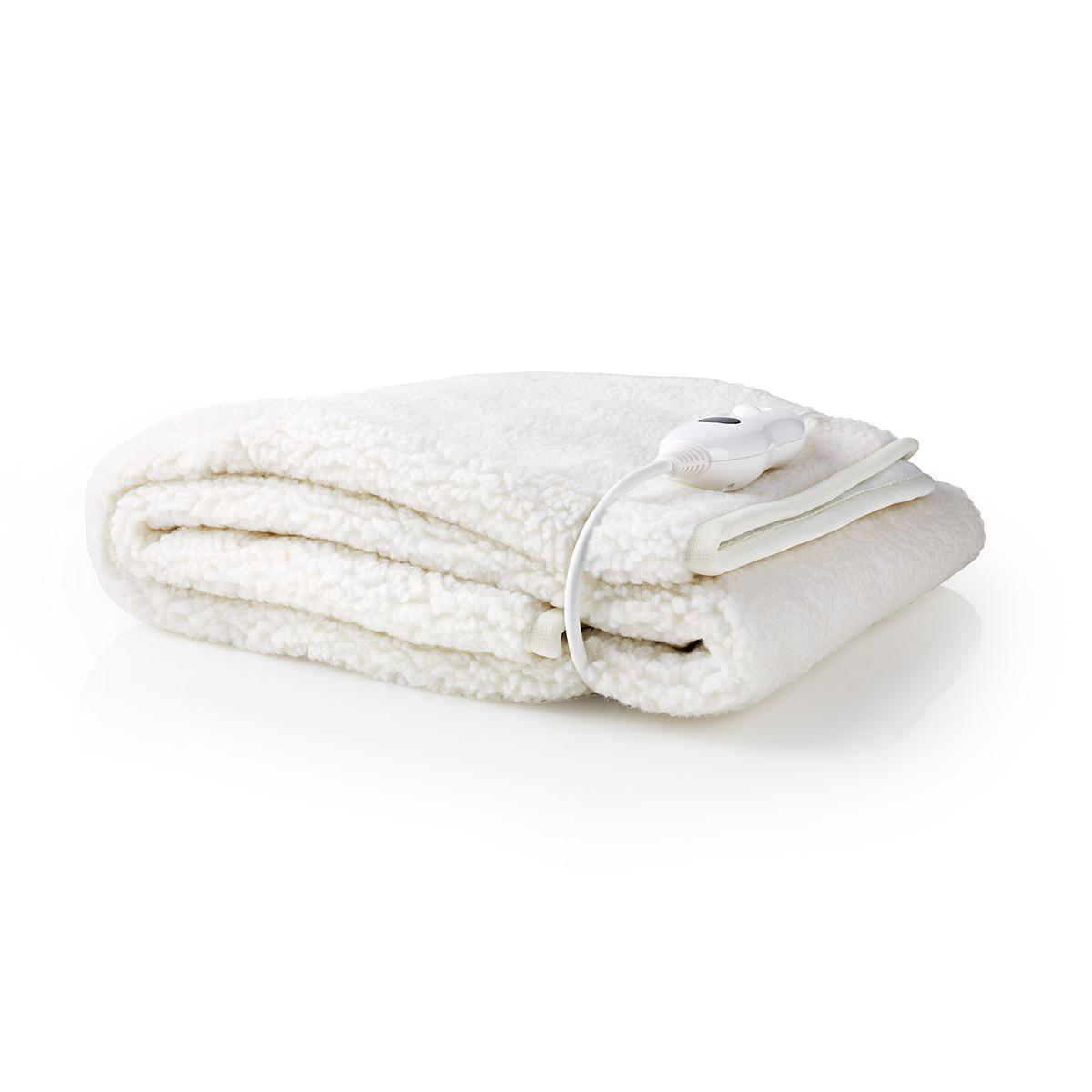 Folded white electric blanket with white cable and controller on a white background.