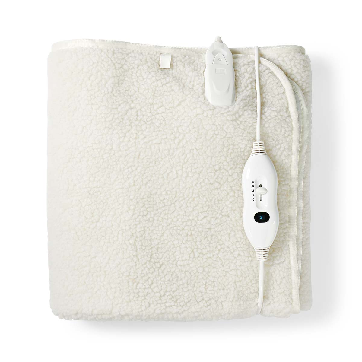 White electric blanket with controller on a white background. It is folded, top view.