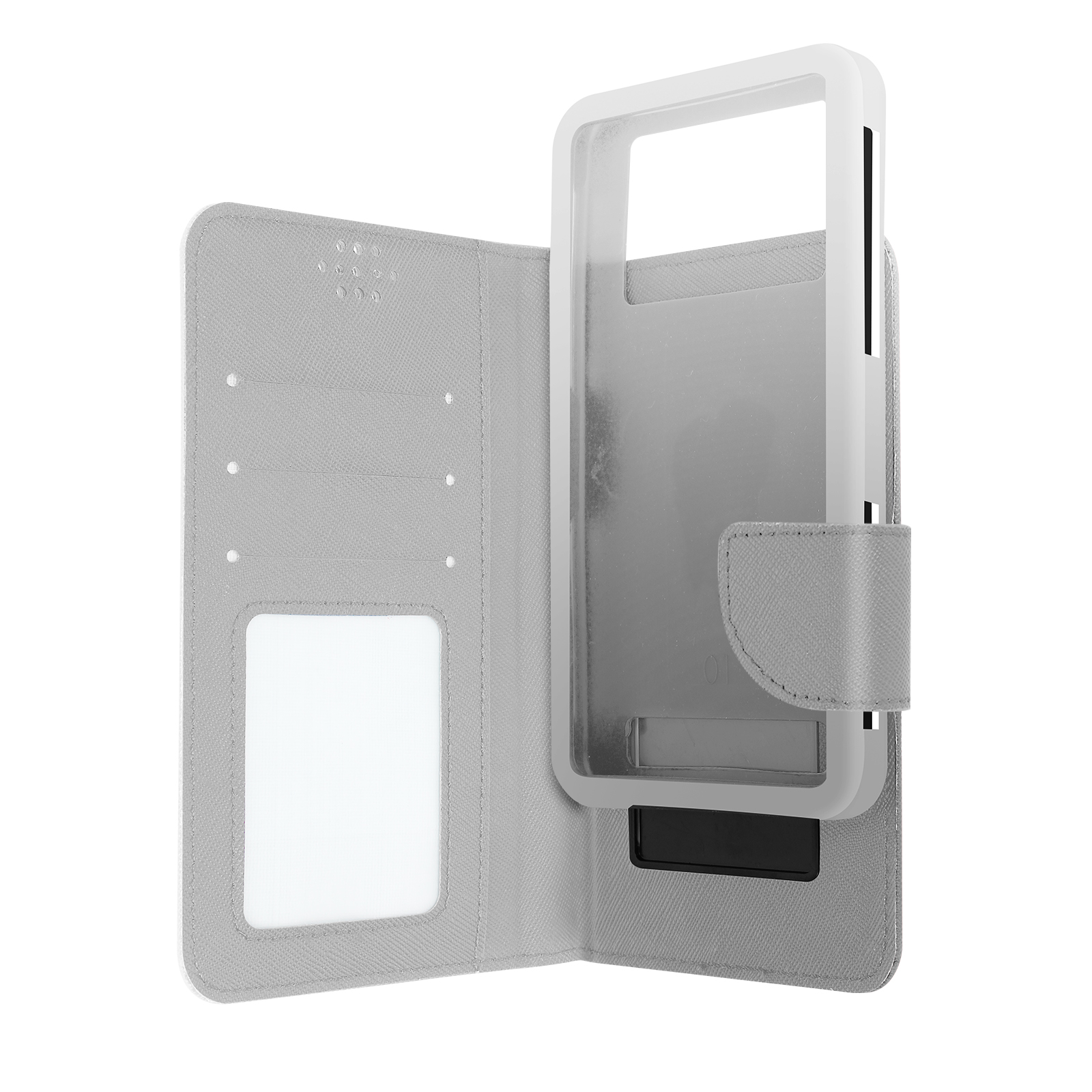 Custodia grigia per telefono, aperta, con supporto trasparente e fessure per carte.