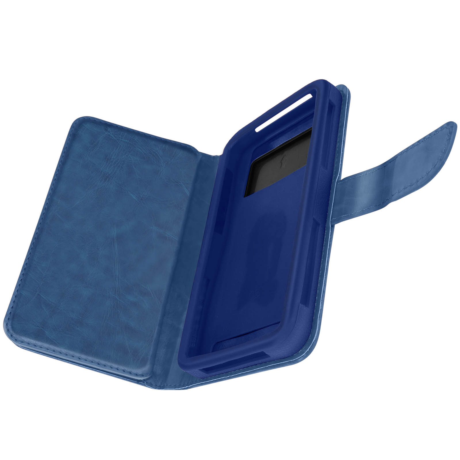 Custodia blu aperta. All'interno, un supporto per telefono blu scuro.