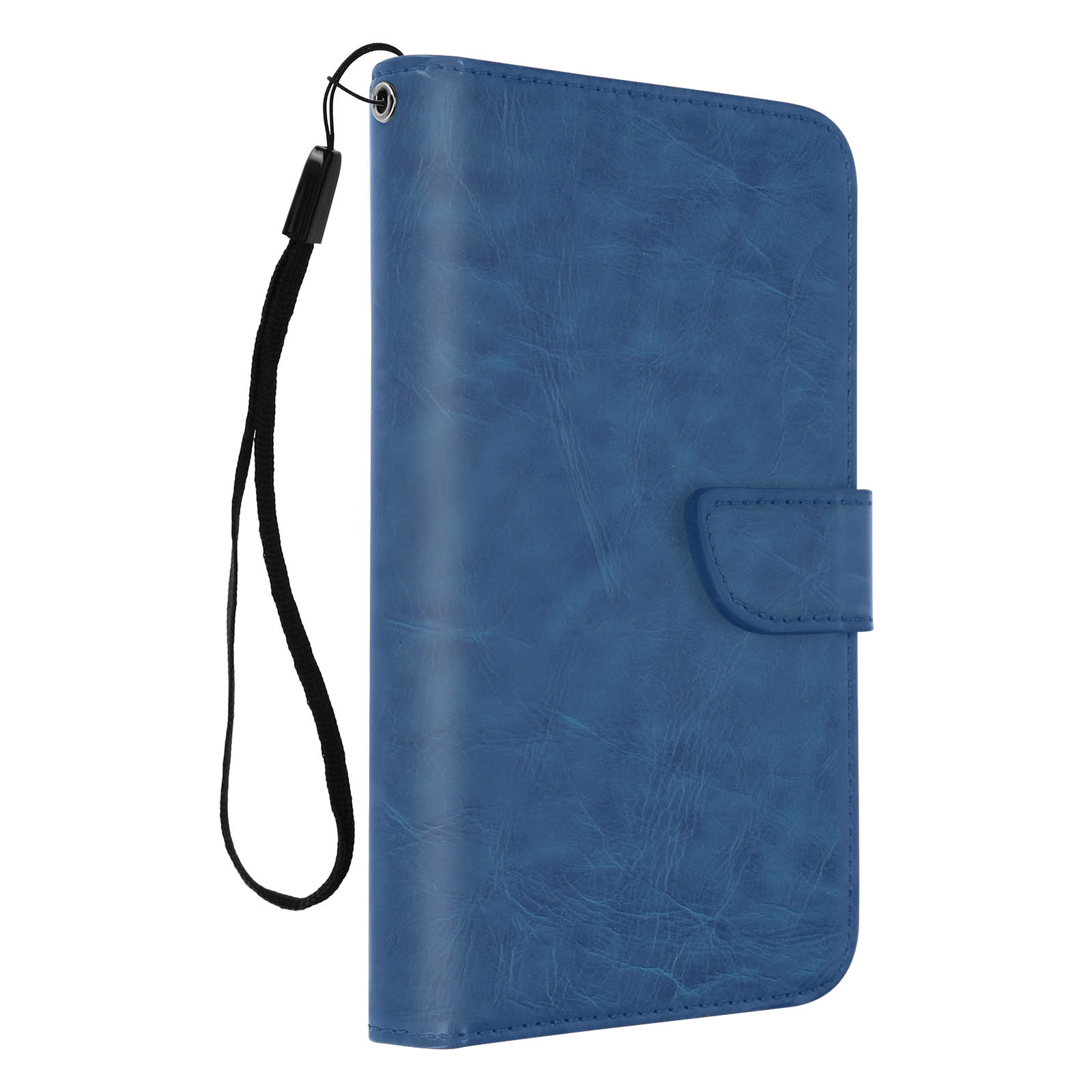 Una custodia per telefono blu effetto pelle con cinturino e chiusura.