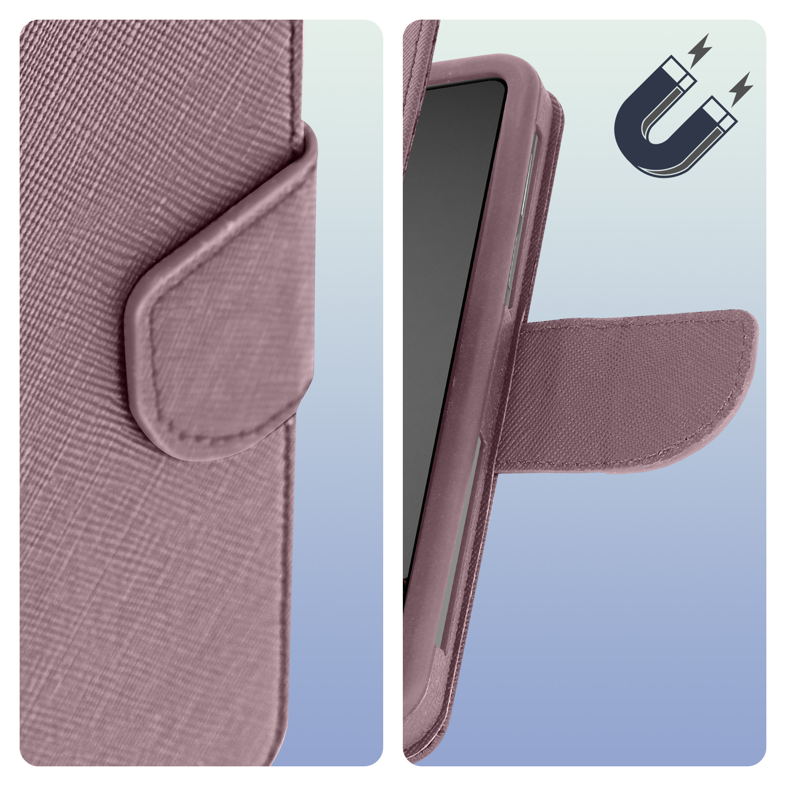 Custodia per telefono malva, chiusa e aperta, che mostra il telefono all'interno, con un simbolo del magnete.