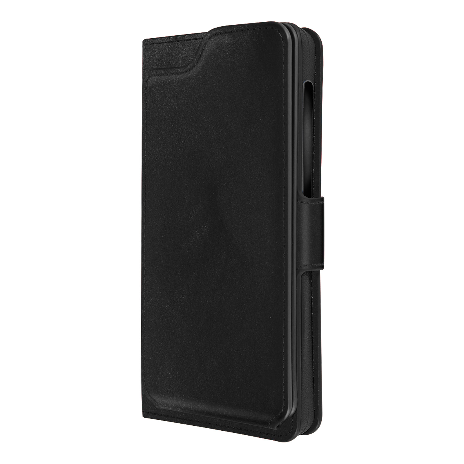 Una custodia per telefono nera chiusa, con chiusura magnetica, su sfondo bianco.
