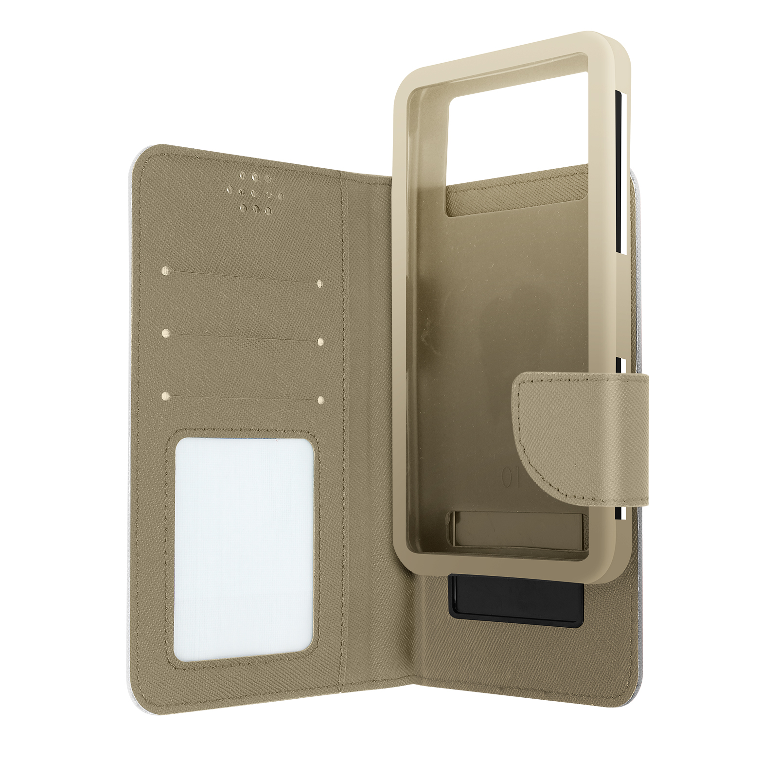 Custodia per telefono aperta con un supporto per telefono trasparente all'interno. La custodia è beige e ha fessure per carte.