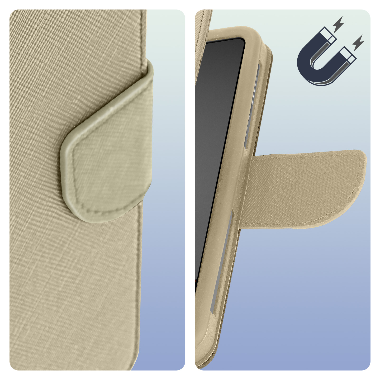 Custodia del telefono beige, aperta per mostrare il telefono. Icona a forma di magnete a U.