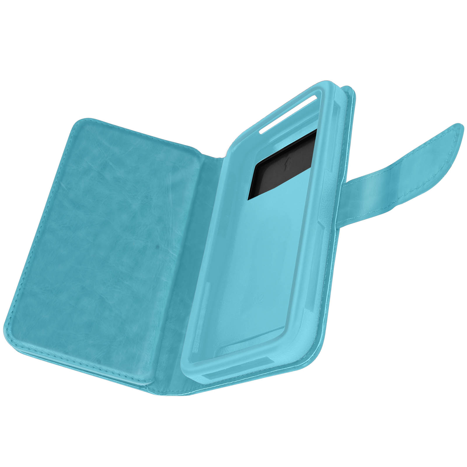 Custodia per telefono azzurra con finestra e chiusura magnetica, aperta per rivelare lo schermo.