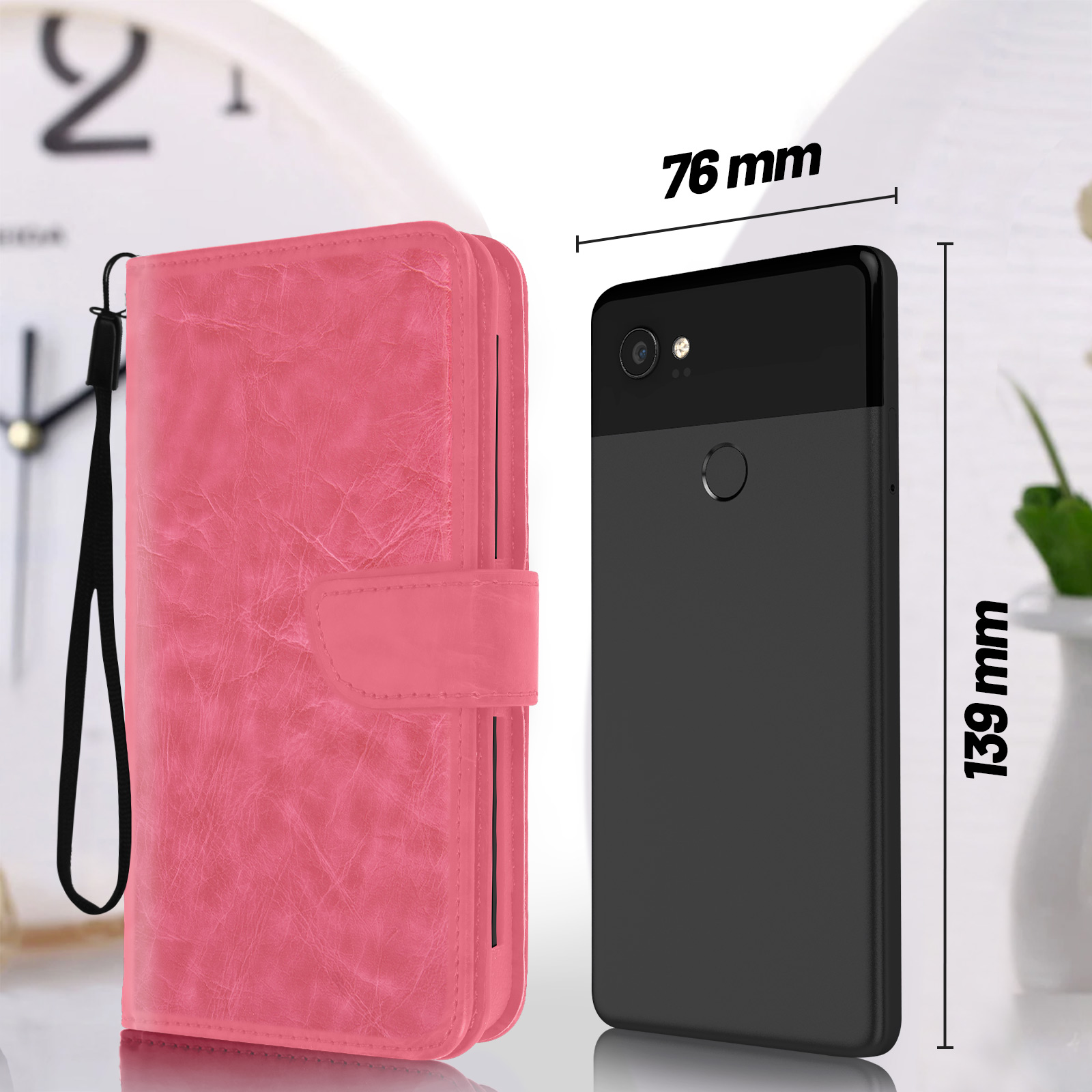 Custodia per telefono rosa con portafoglio attaccato e telefono. Le dimensioni sono indicate in mm. Sfondo bianco.