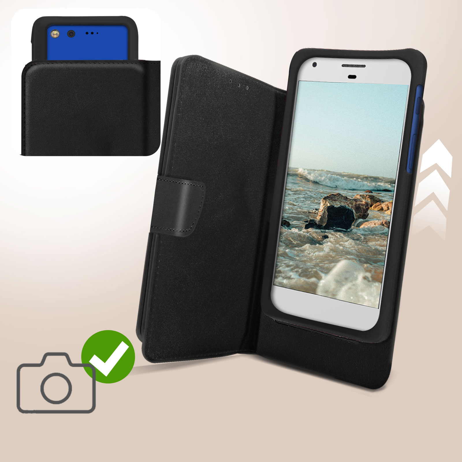 Una custodia nera per telefono contiene un telefono blu, che mostra un'immagine dell'oceano. Un'icona della fotocamera è visibile.
