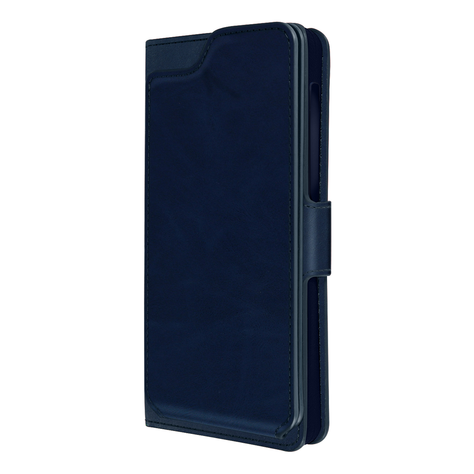 Custodia per telefono blu scuro. La custodia è chiusa e sembra essere in pelle.