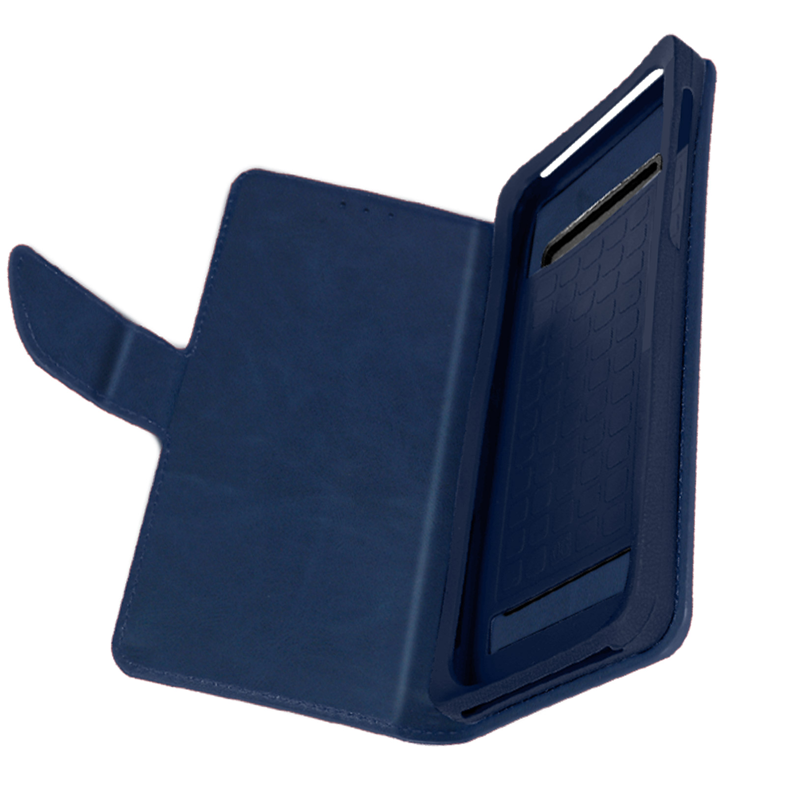Custodia per telefono in pelle blu aperta, che mostra l'interno con supporto e fessure per carte.