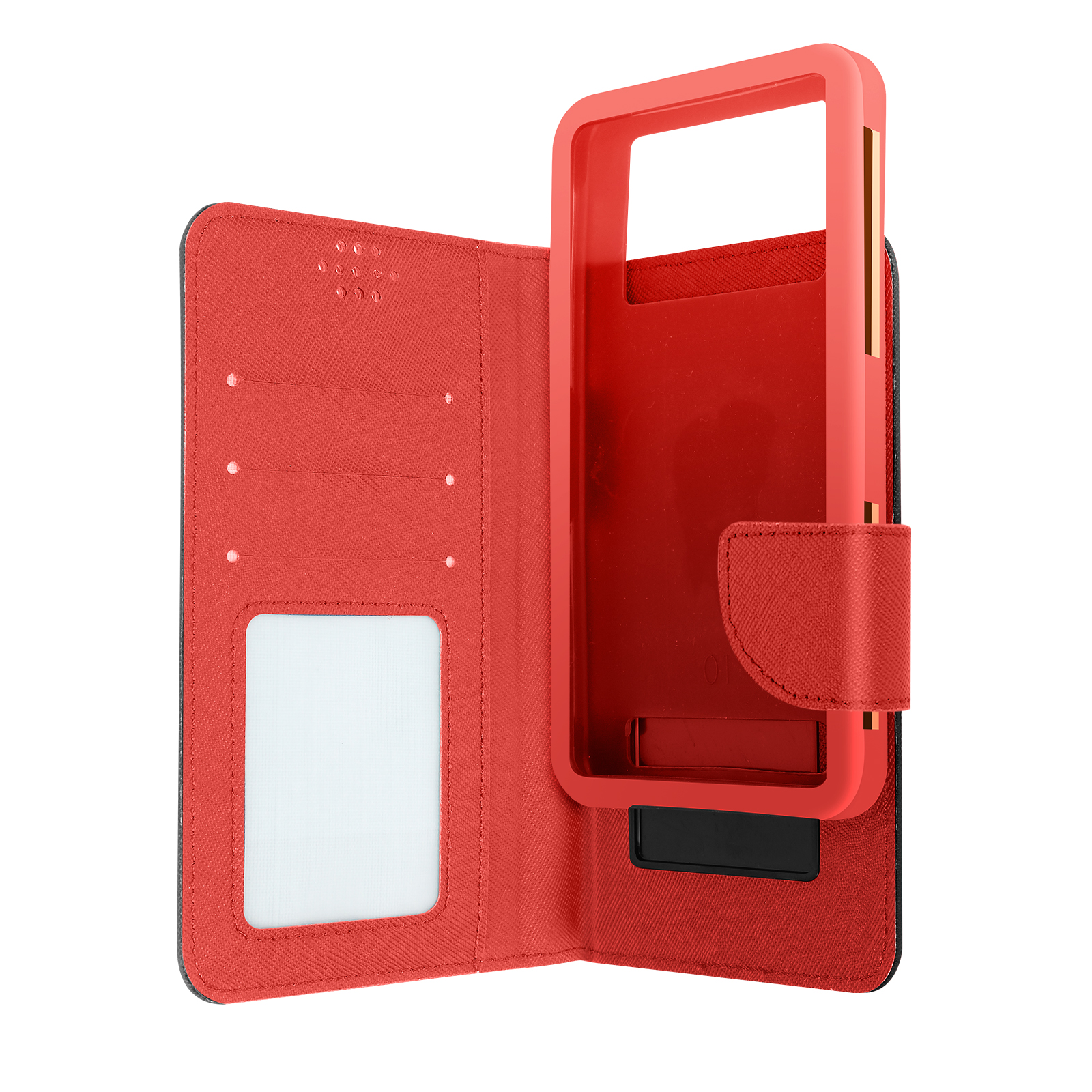Custodia per telefono rossa, aperta, rivela l'interno con fessure per carte e un telaio per telefono rosso, su sfondo bianco.