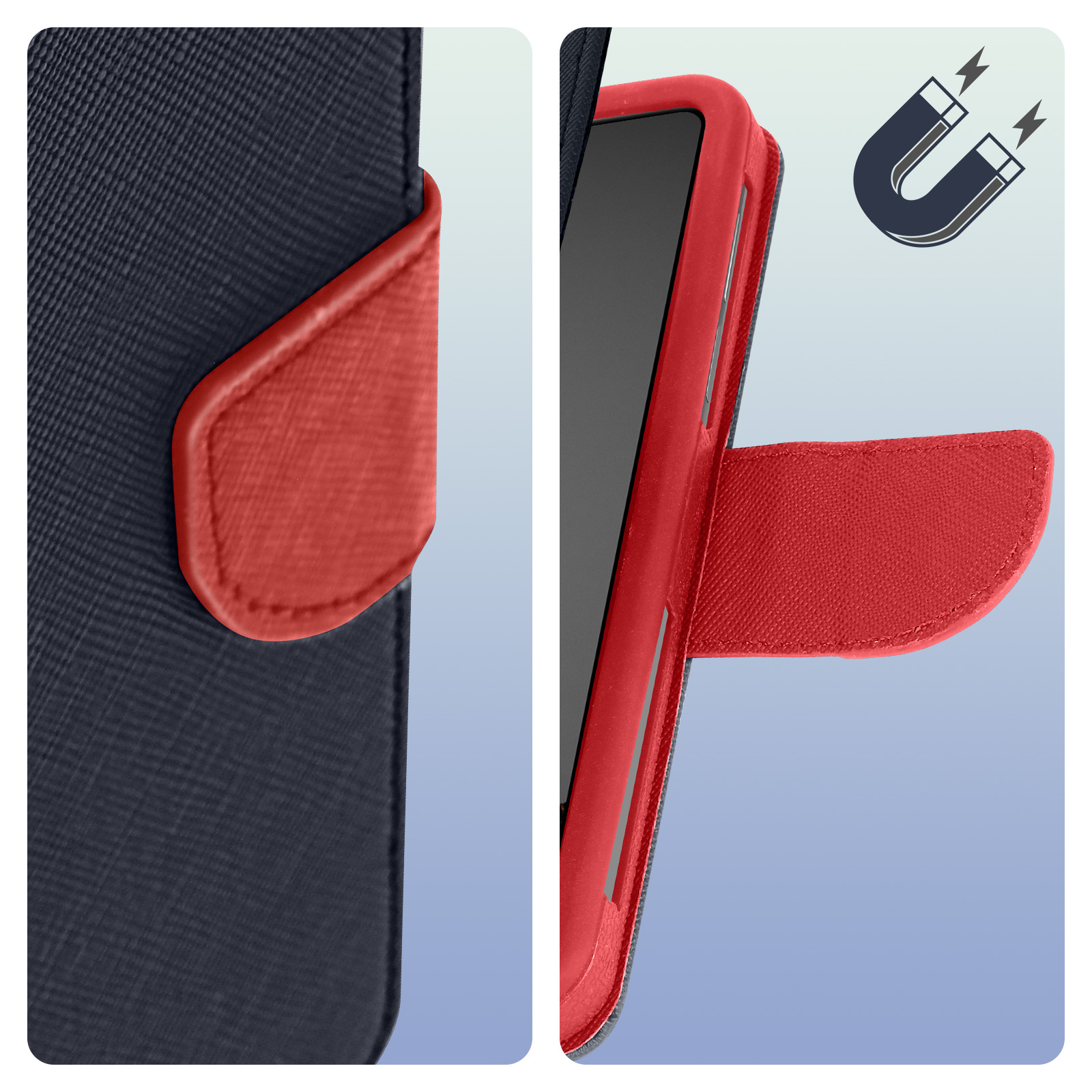 Custodia per telefono chiusa e aperta. Interno rosso, esterno blu navy. Chiusura magnetica. È incluso un simbolo del magnete.