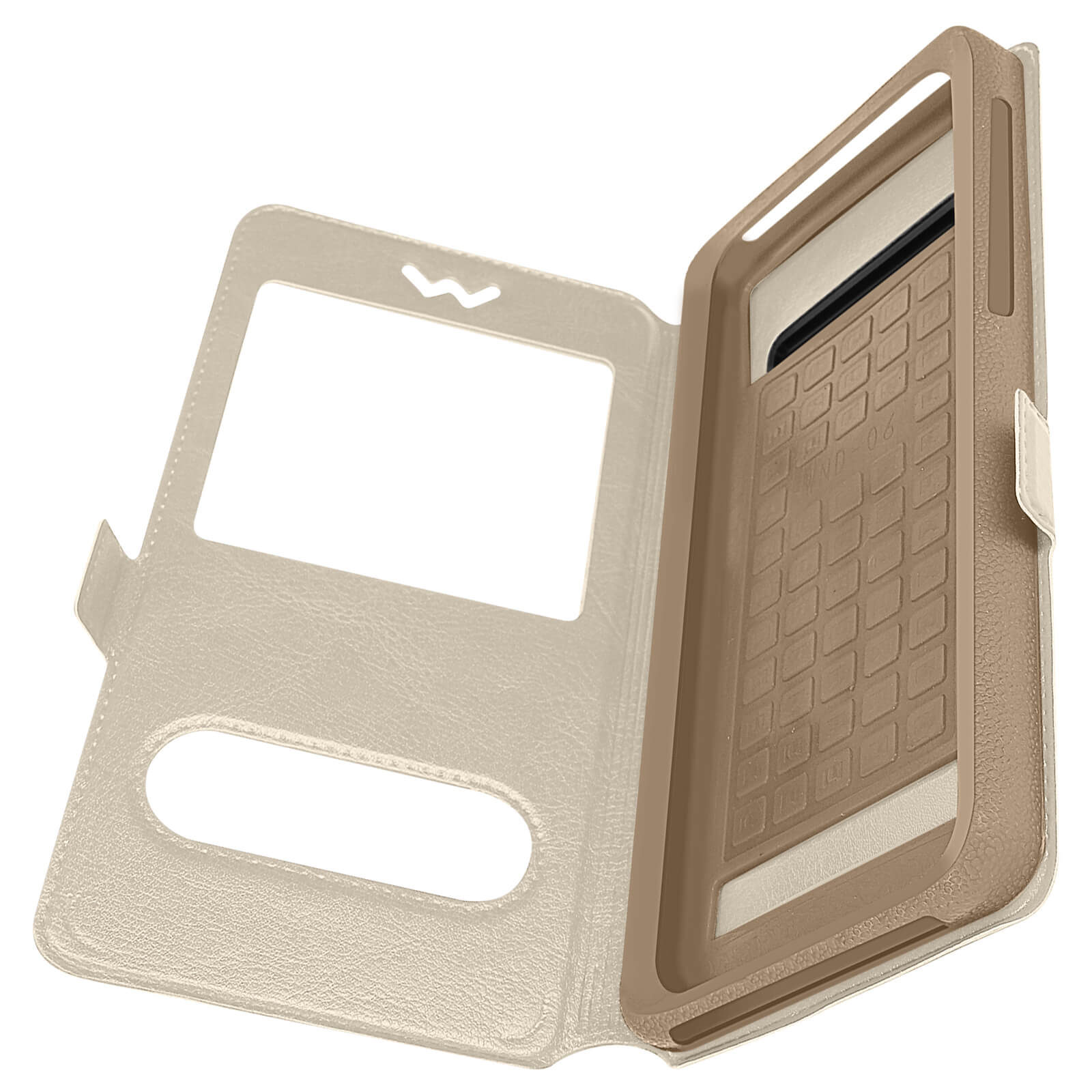 Custodia per telefono aperta, con telefono all'interno. La custodia è beige, con sfondo bianco. Rettangolo.