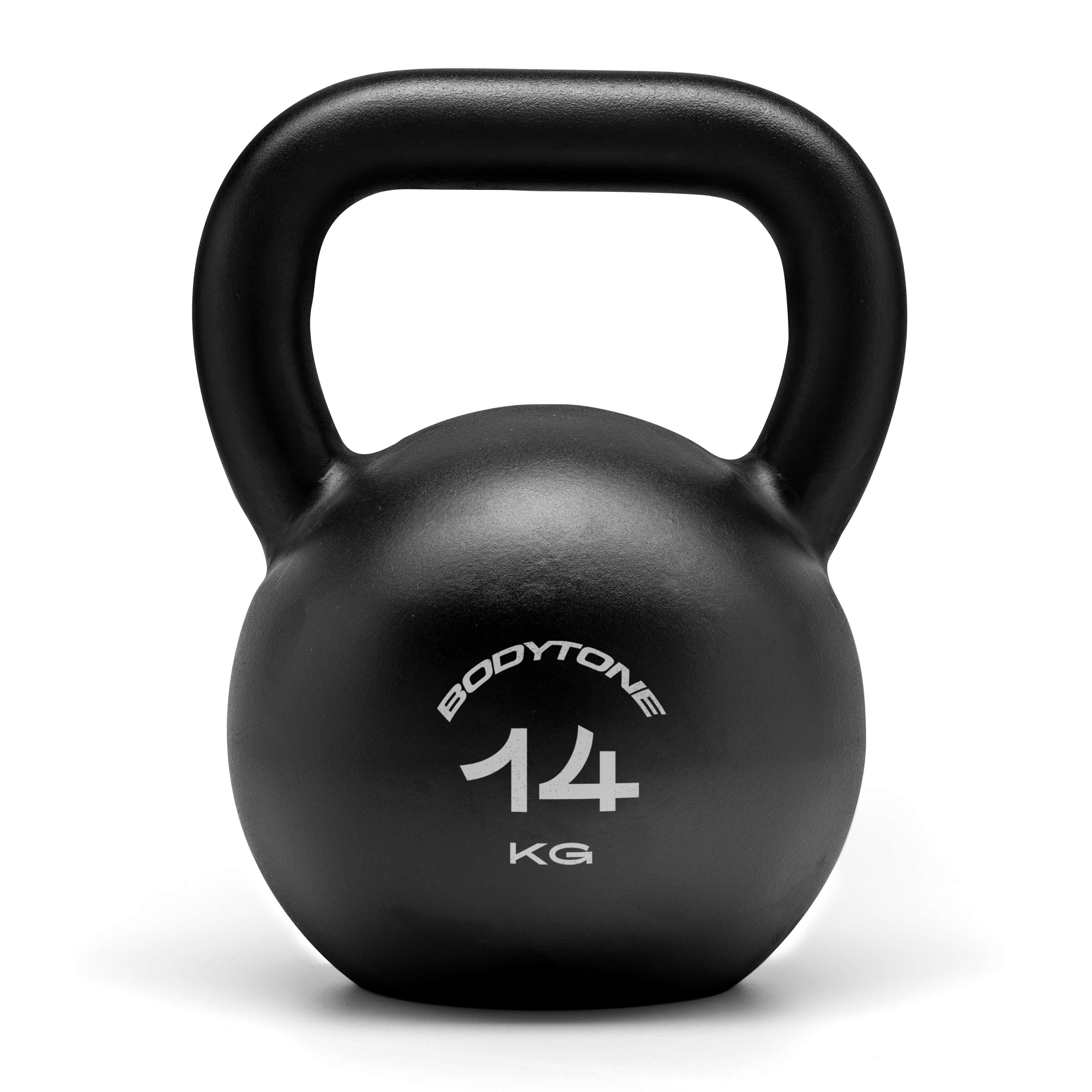Kettlebell nero con manico, etichettato 'BODYTONE 14 KG'.