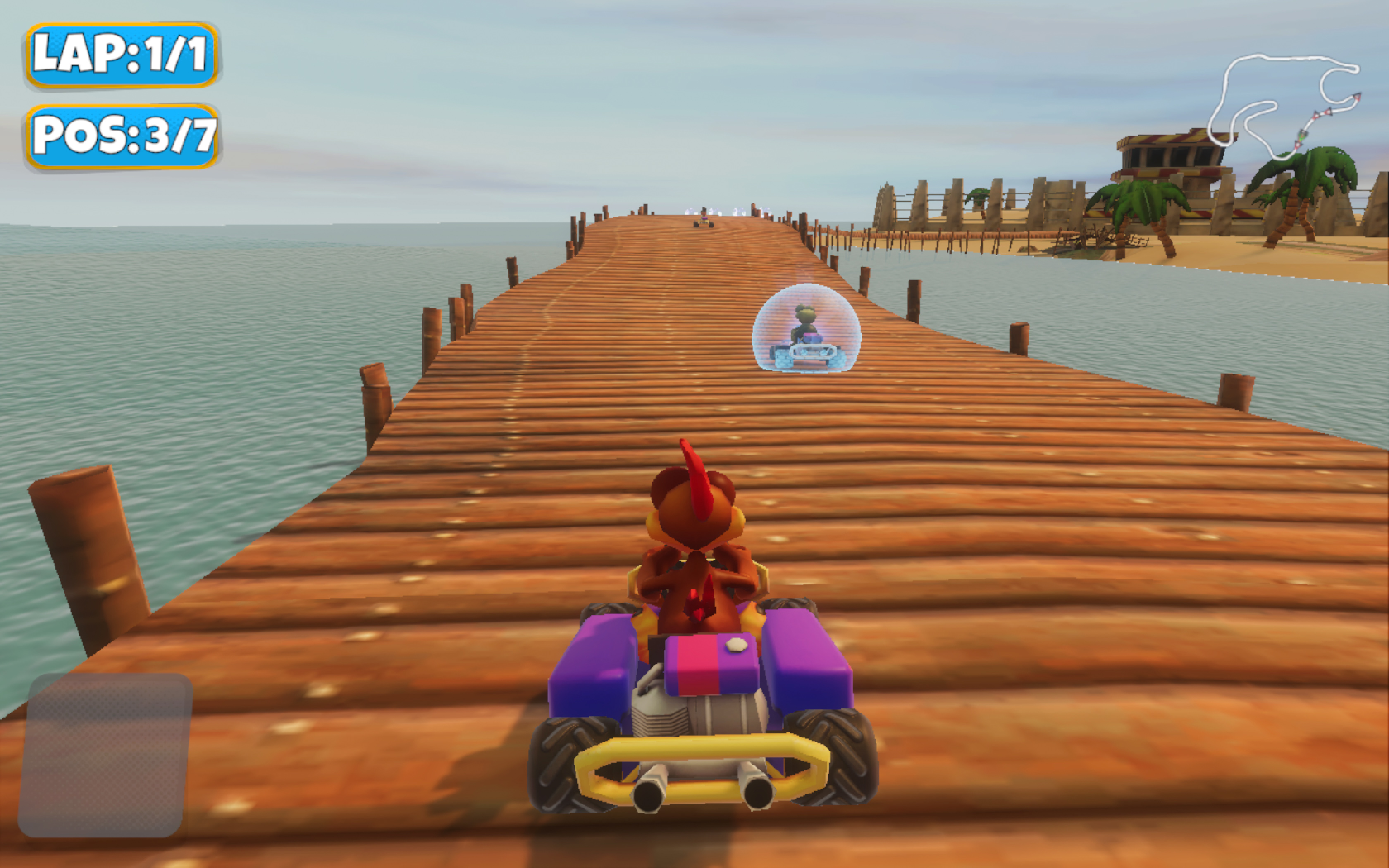 Cartoon-Rennszene mit einem Kart auf einem Holzsteg am Wasser, mit einem Blasen-Kart.