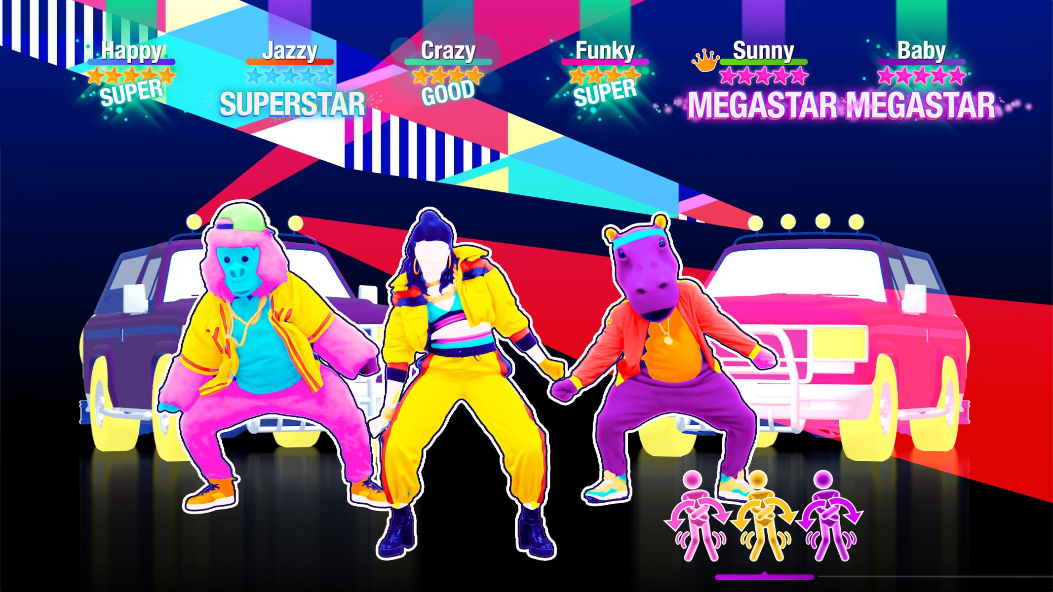 Drei kostümierte Figuren aus einem Videospiel. Text darüber sagt "Happy", "Jazzy" usw. Farbkoordiniert.