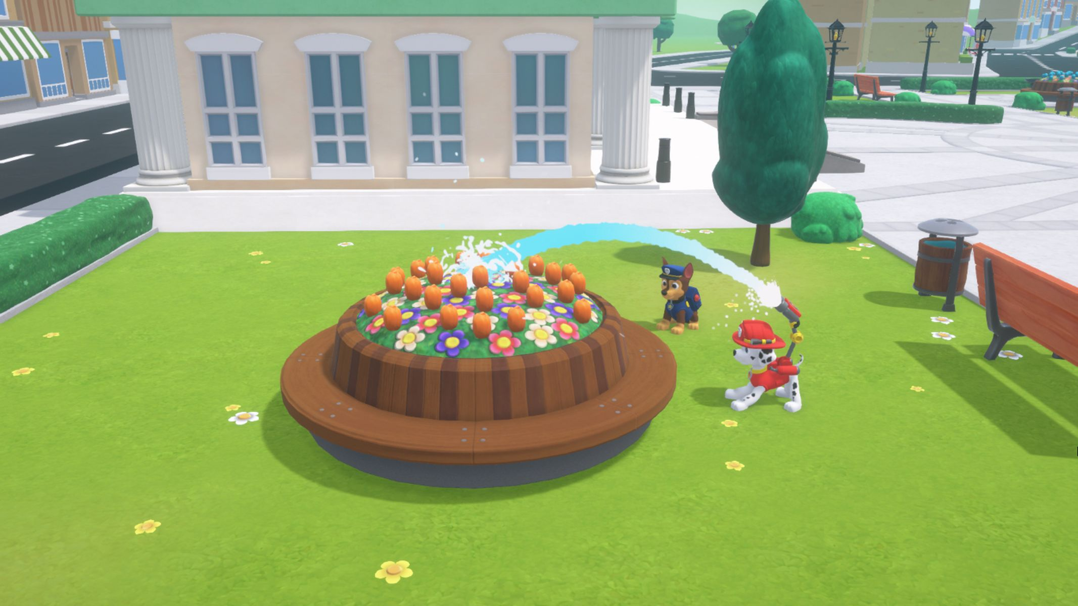 Cartoonbild eines Parks mit einem Blumenbrunnen und zwei Zeichentrickhunden.
