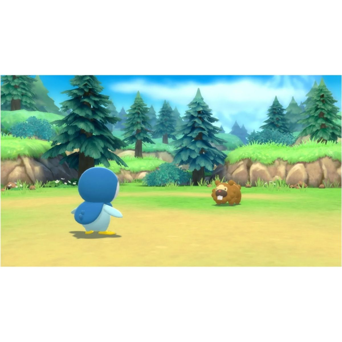 Piplup Pokémon naar links kijkend, tegenover een bruine Pokémon in een grasveld met bomen op de achtergrond.