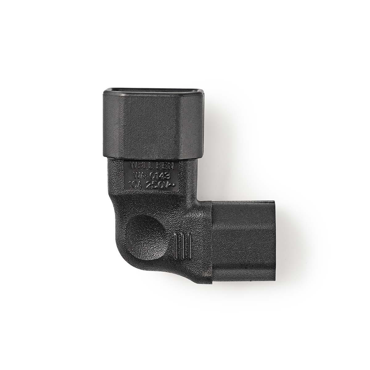 Zwarte 90-graden hoekstroomadapter met de tekst Well Shin WA-0145 10A 250V erop. Witte achtergrond.