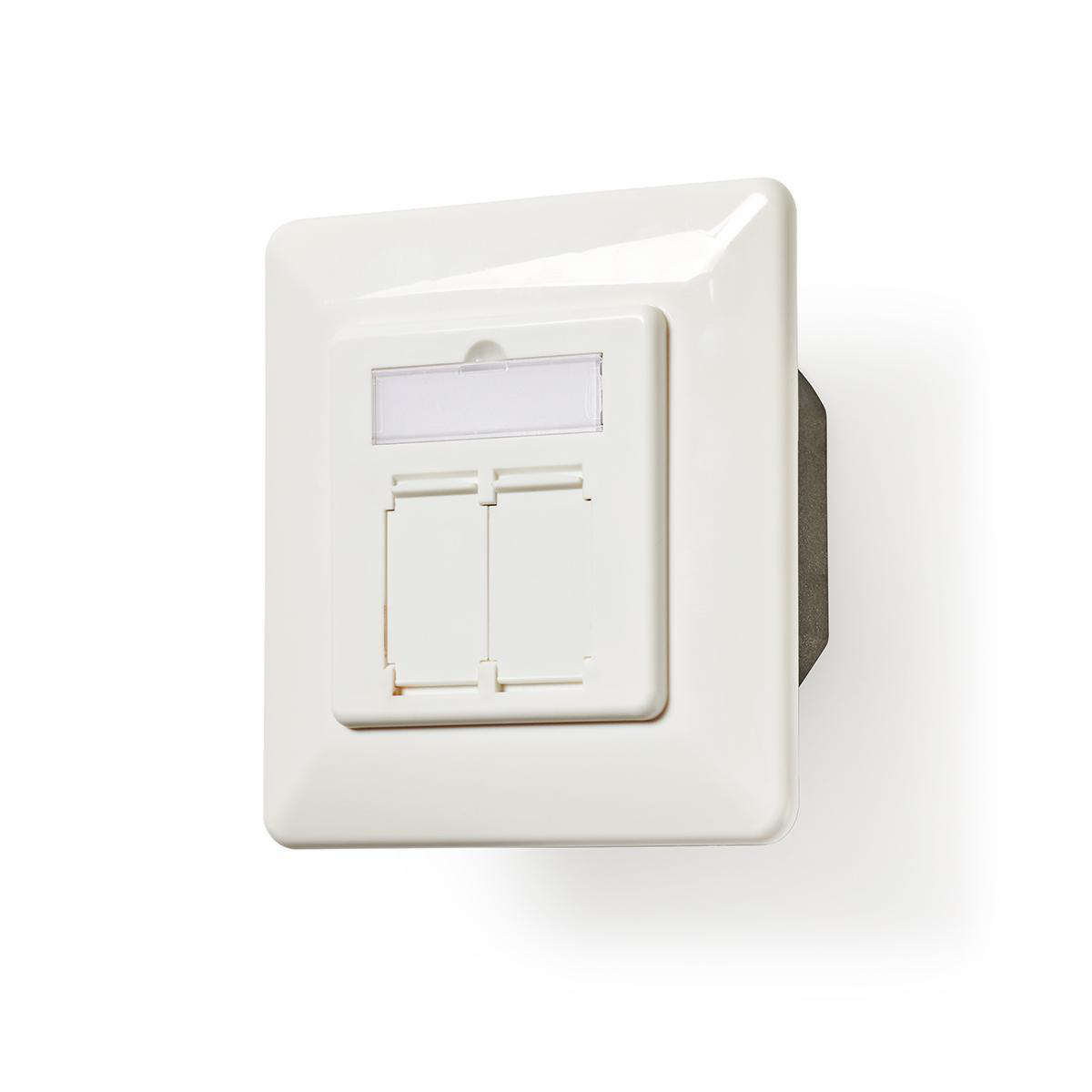 White wall plate with two RJ45 ports and a small label window.