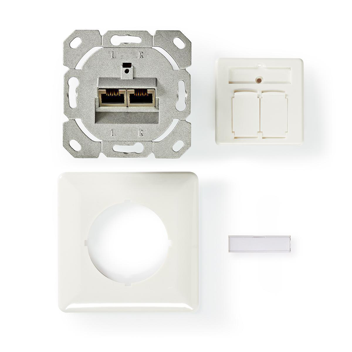 White, disassembled wall socket components on a white surface, top-down view.