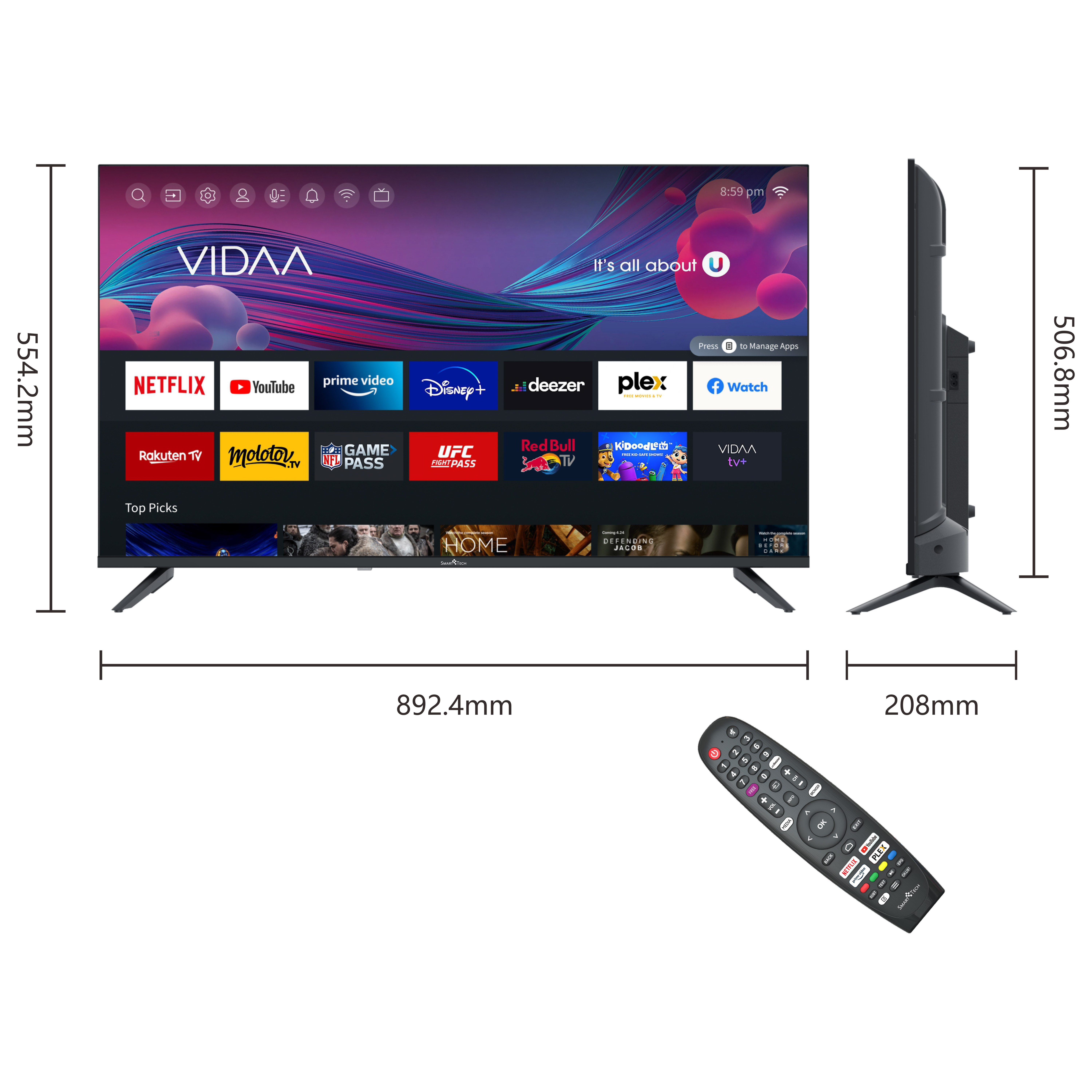 SMART TECH 40 Zoll Vidaa 40FV10V1 TV, TV Zoll cm, 40 Full-HD, LED SMART TV / Linux4.19) 101 (Flat