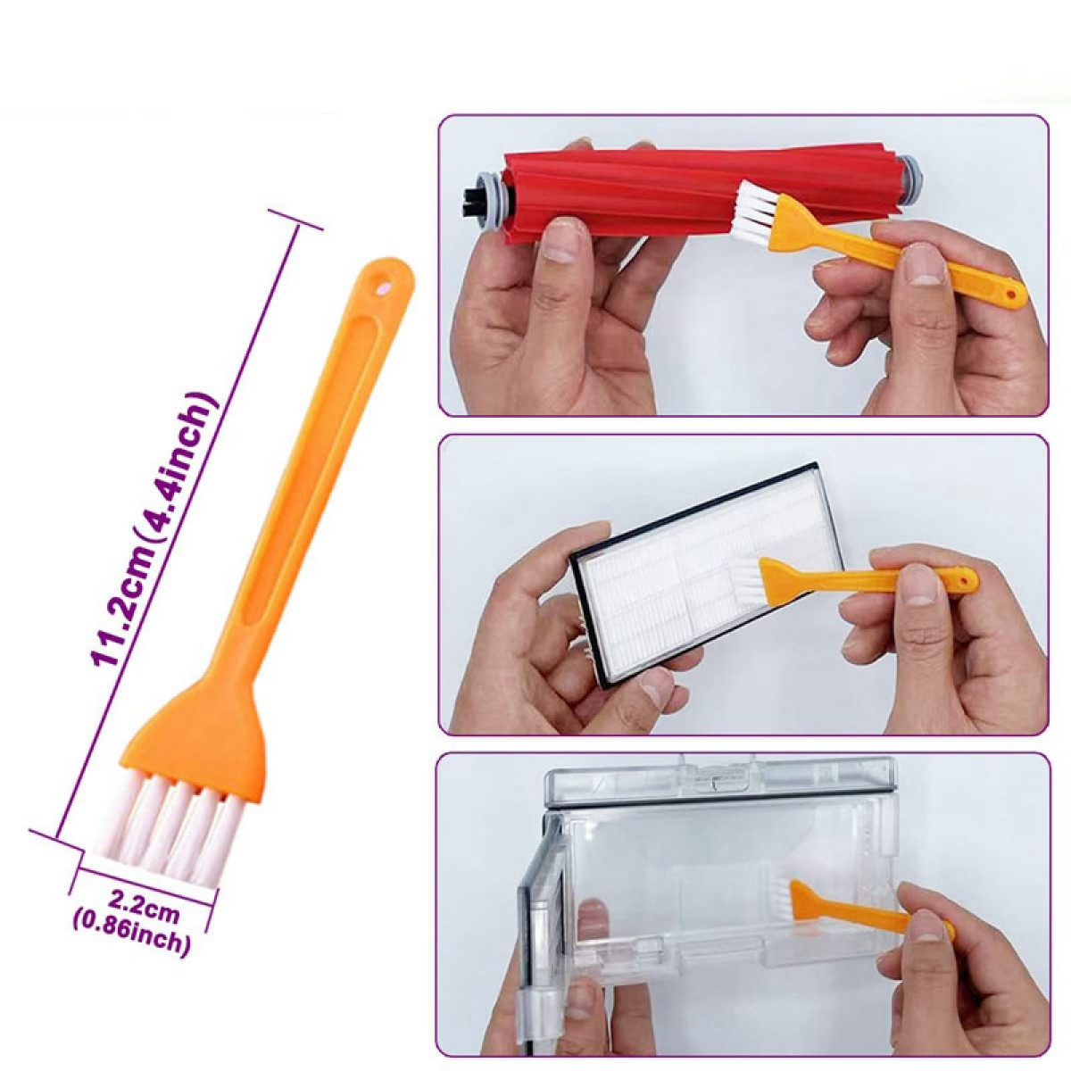 Szczotka do czyszczenia, o długości 11,2 cm, i zdjęcia dłoni czyszczących nią odkurzacz.