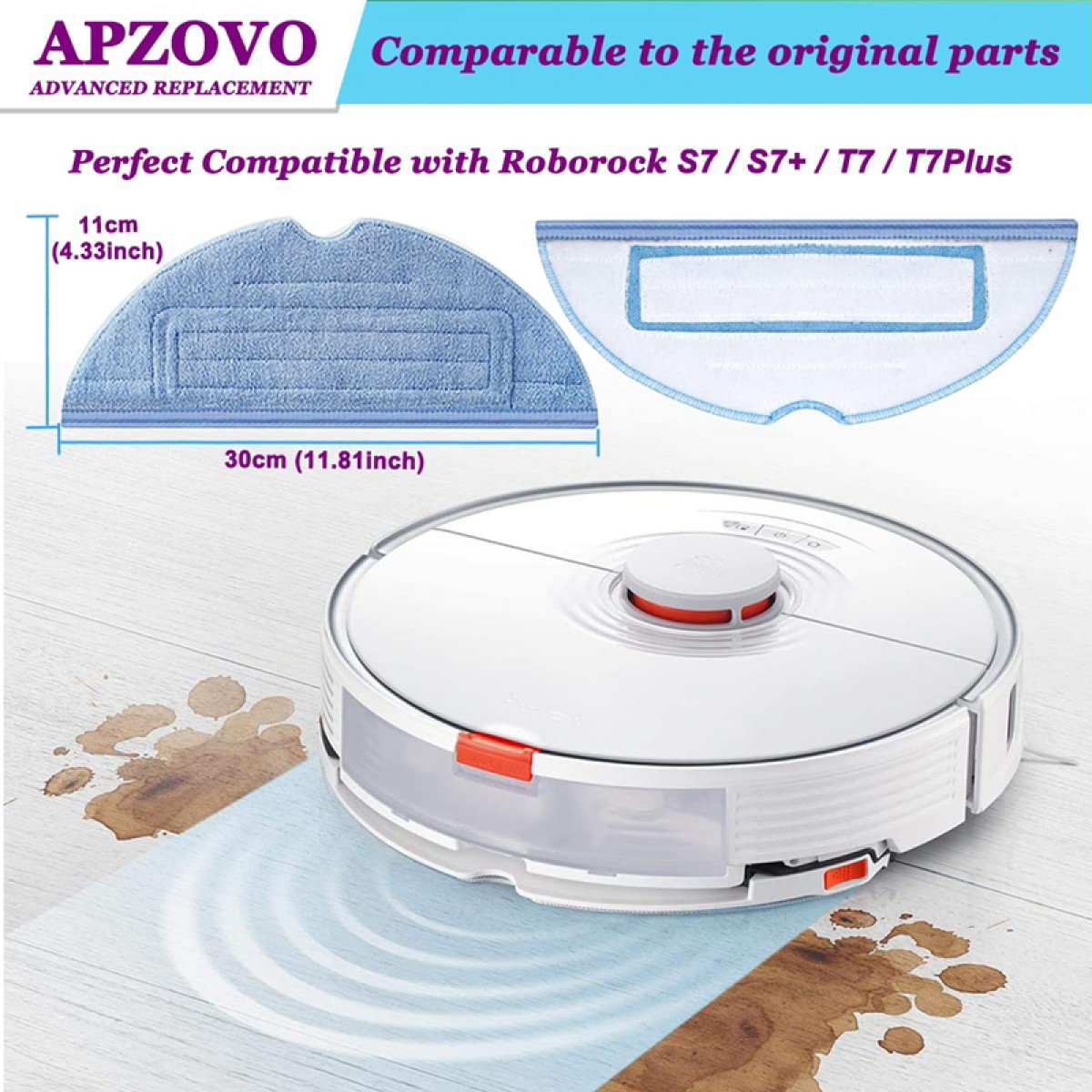 Odkurzacz Roborock z dwoma nakładkami do mopa. Tekst: Idealnie kompatybilny z Roborock S7/S7+/T7/T7Plus.