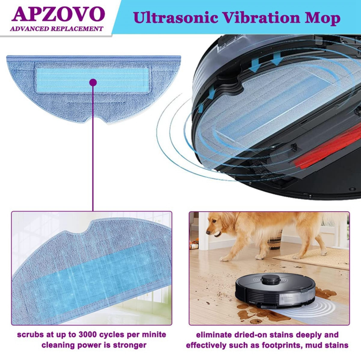 Robot odkurzacz czyszczący podłogę. Niebieska nakładka czyszcząca w lewym górnym rogu. Tekst opisuje moc czyszczenia.