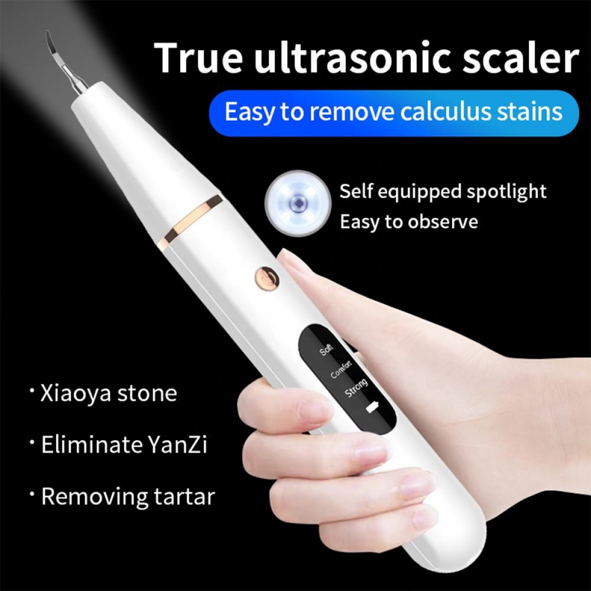 Weißer Ultraschallscaler in der Hand, mit Text zum Entfernen von Flecken. Der Hintergrund ist schwarz.