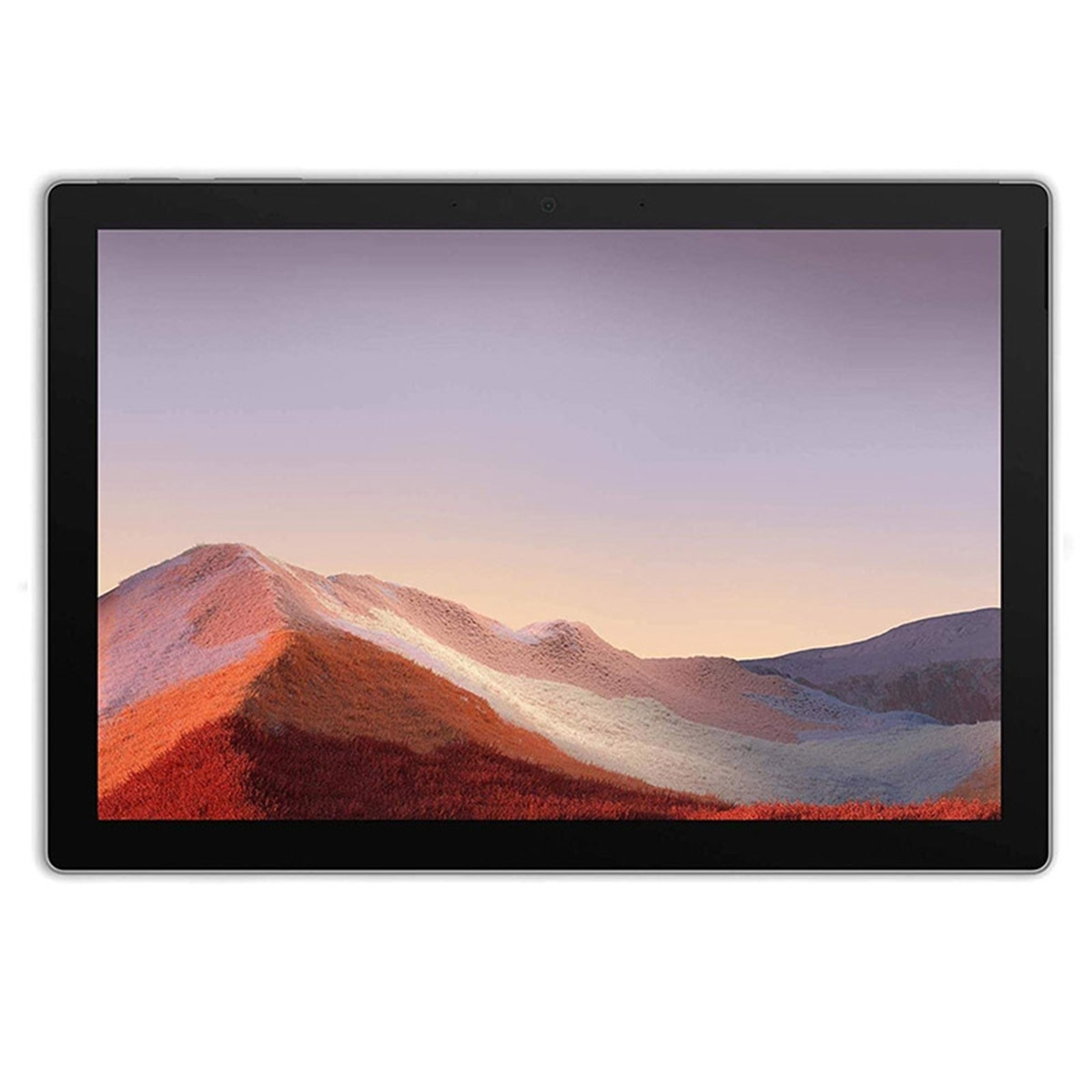 Ein Tablet, das eine Berglandschaft mit einem lila und orangen Himmel auf weißem Hintergrund zeigt.