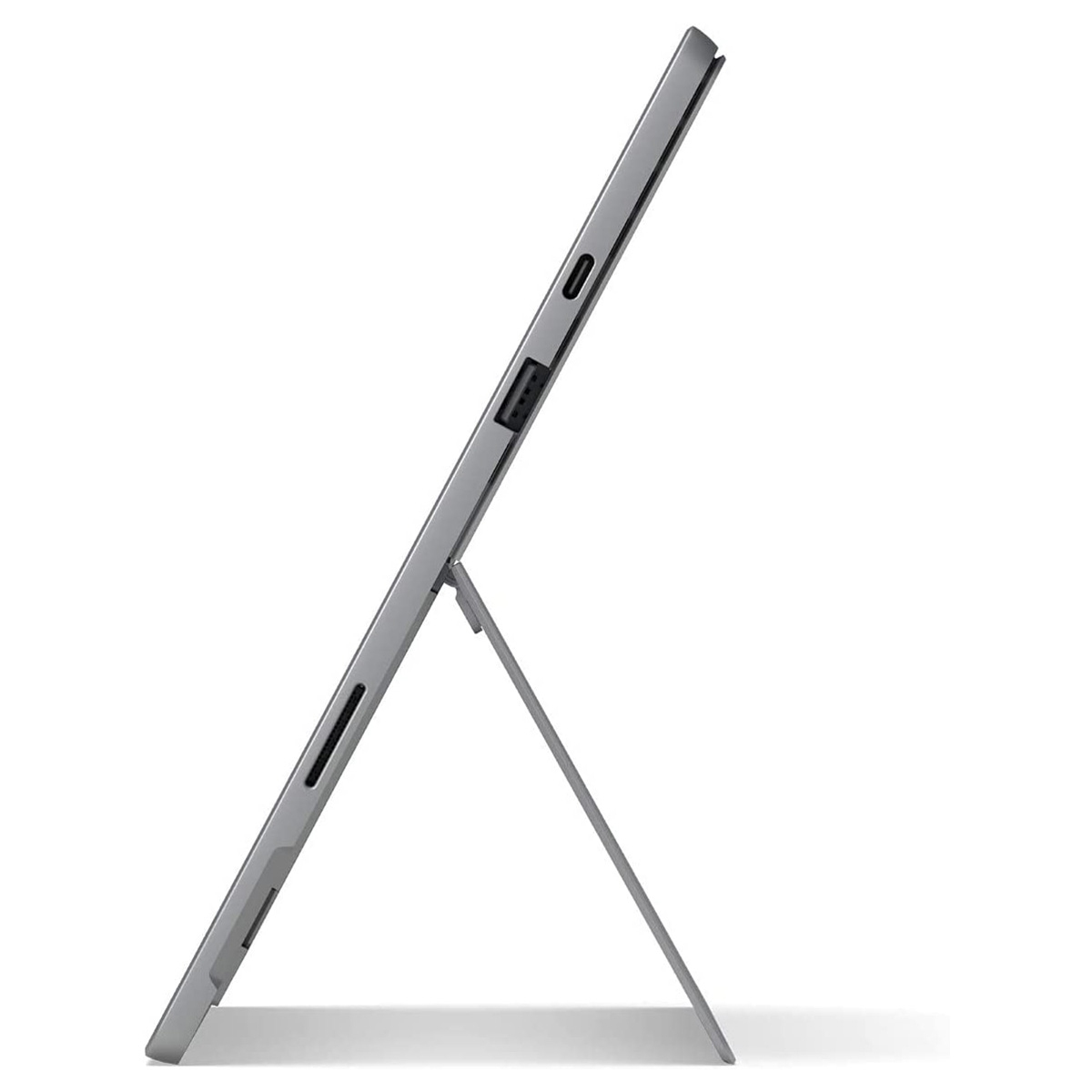 Grauer Tablet-Computer, Seitenansicht, mit geöffnetem Ständer. Der Ständer stützt das Tablet, vor weißem Hintergrund.