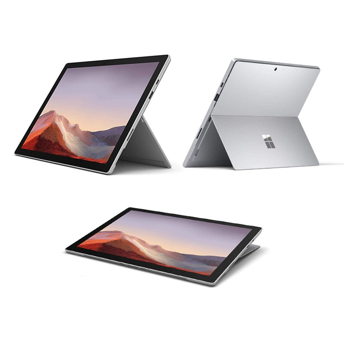 Drei Ansichten eines silbernen Surface Pro Tablets, die Bildschirm und Rückseite zeigen.
