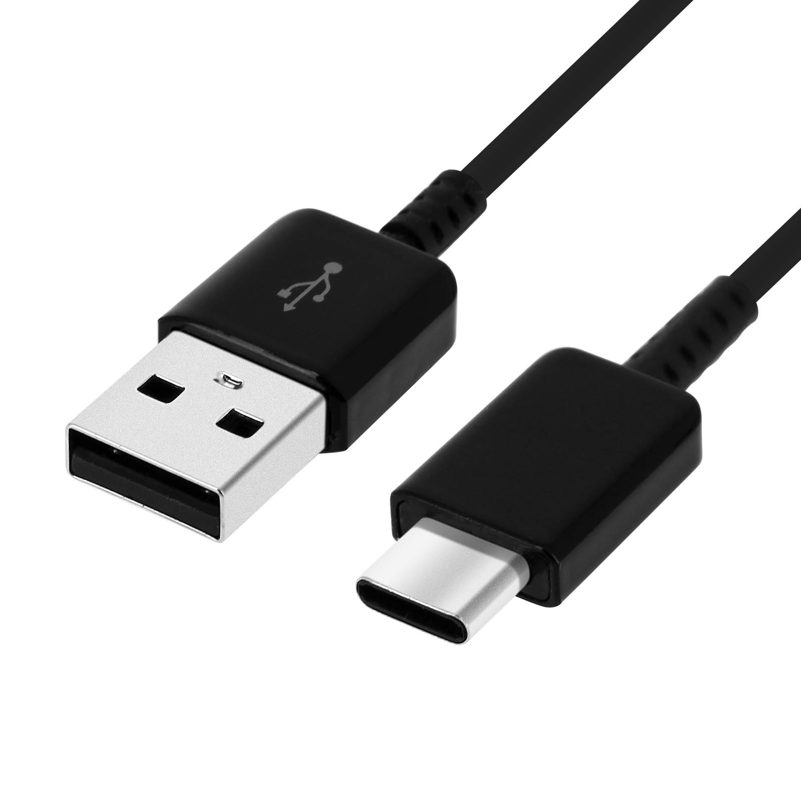 Zwarte USB naar Type-C oplaadkabel. Eén uiteinde is USB, de andere Type-C.