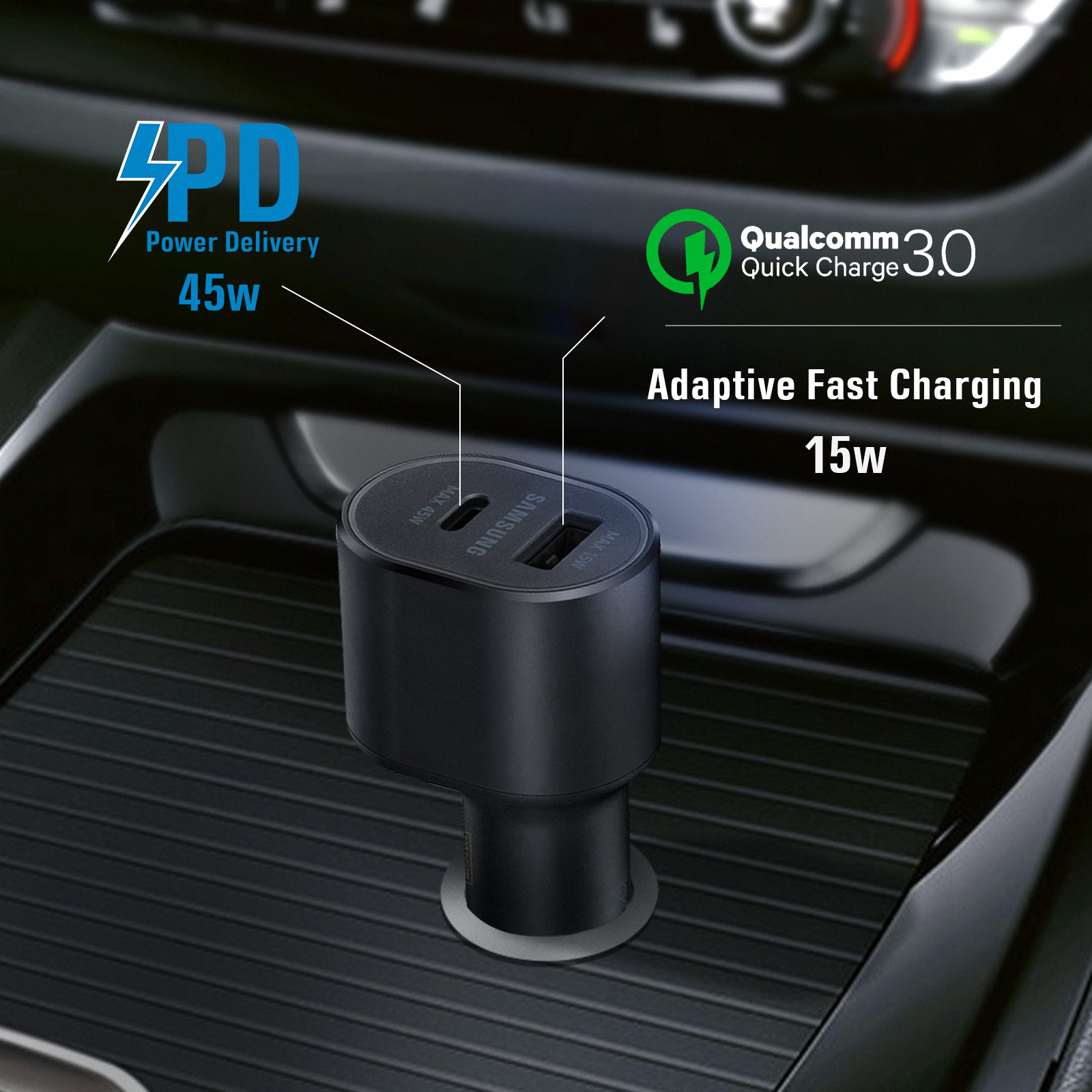 Cargador de coche negro con puertos USB. Se muestran los logotipos de Power Delivery y Carga Rápida Adaptable.