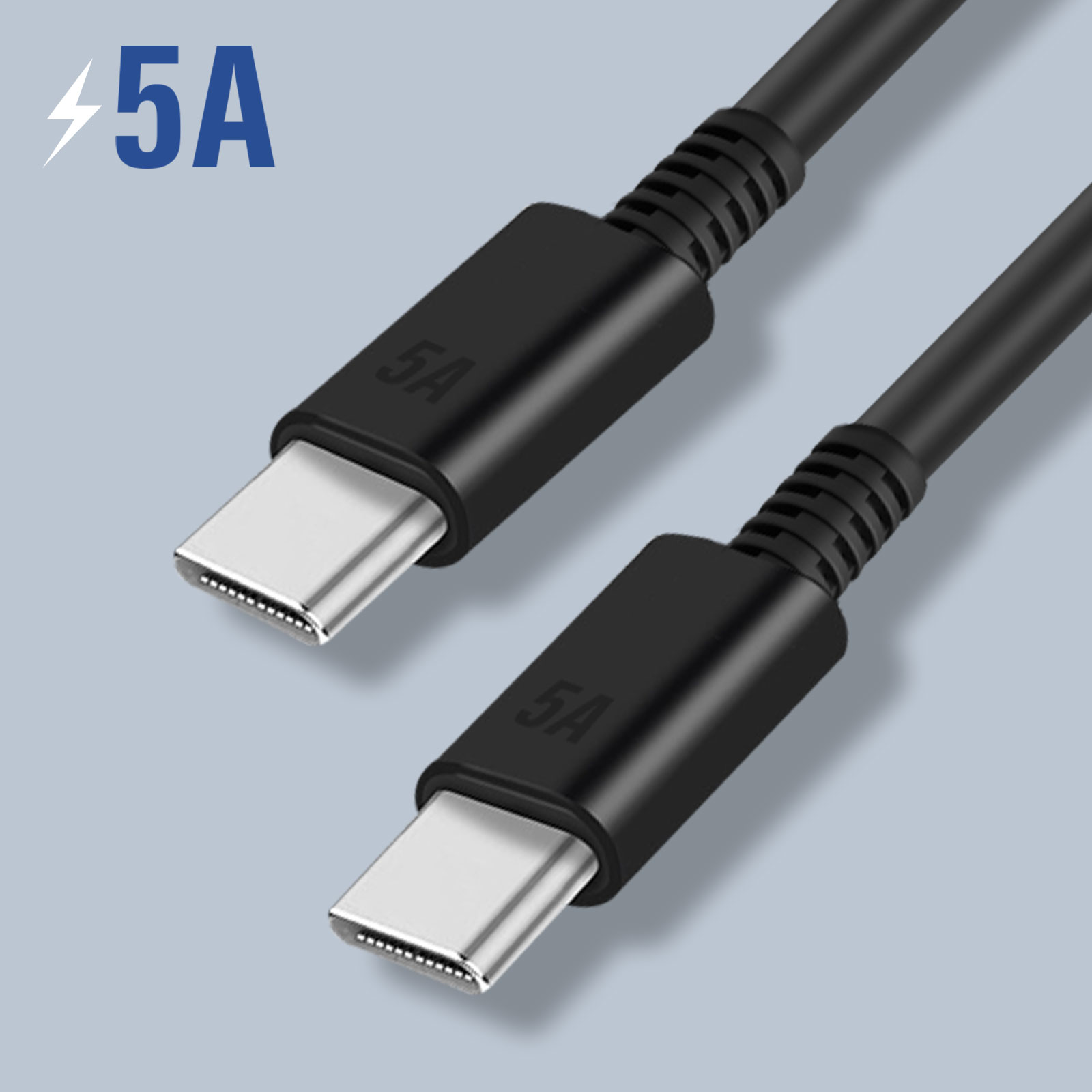 Dos cables USB-C negros con etiquetas '5A'. Tienen conectores plateados.