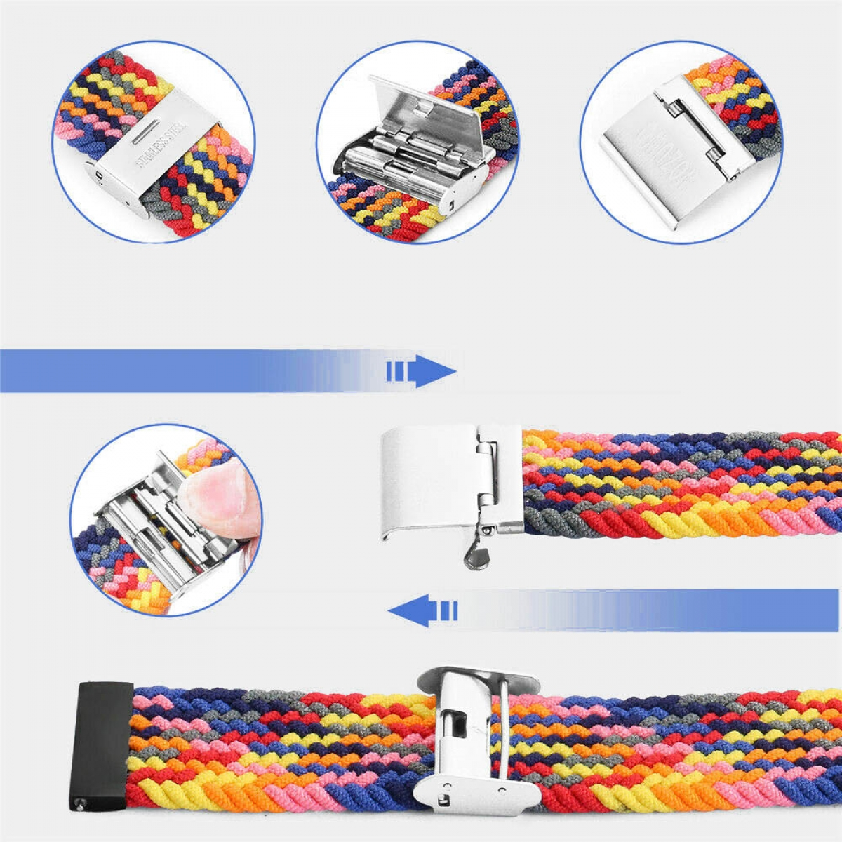 Nahaufnahme eines farbenfrohen geflochtenen Uhrenarmbands mit Verschluss, Details des Armbands und Verschlusses zeigend.