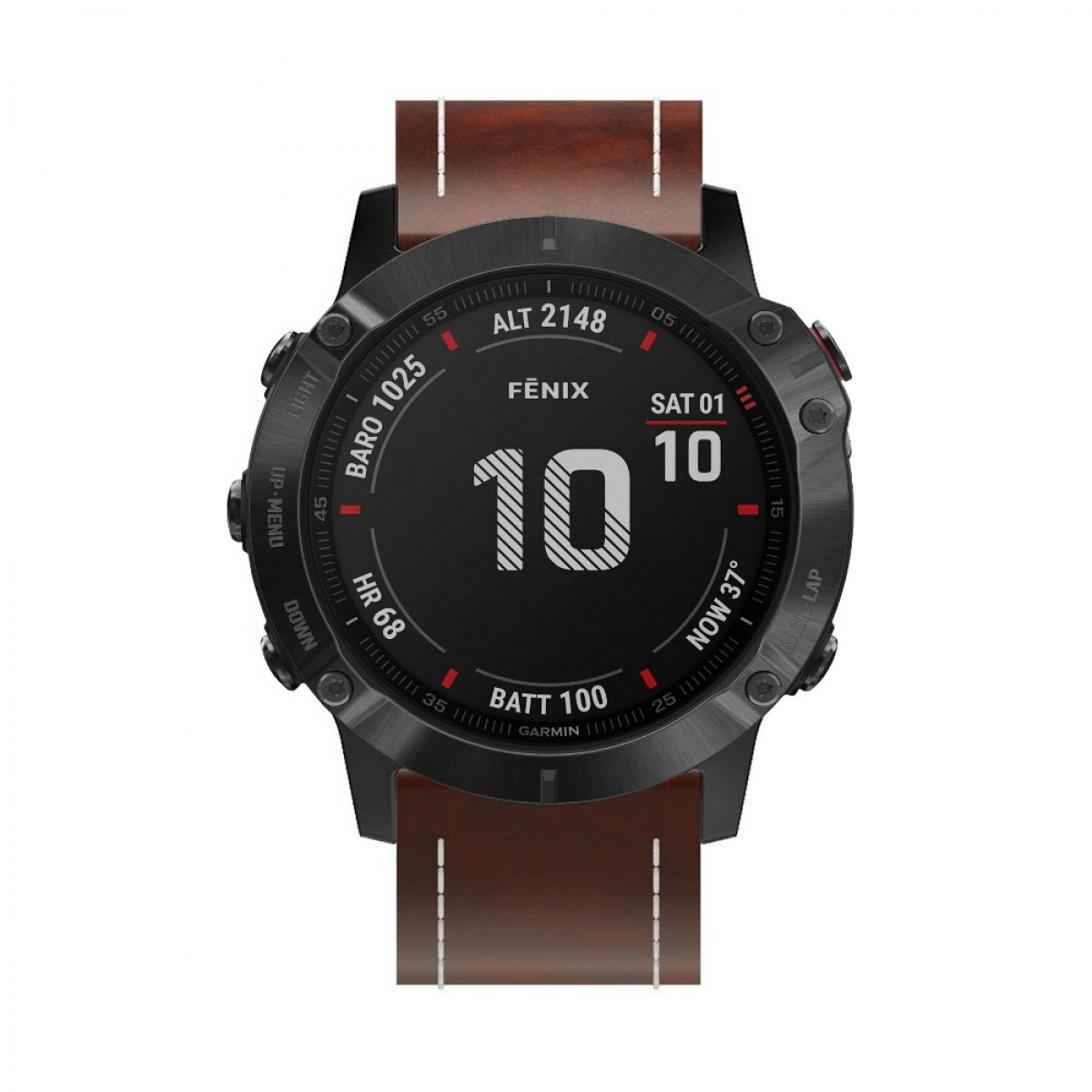 Eine schwarze Garmin Fenix Smartwatch mit braunem Lederarmband, die Datum und Uhrzeit anzeigt.
