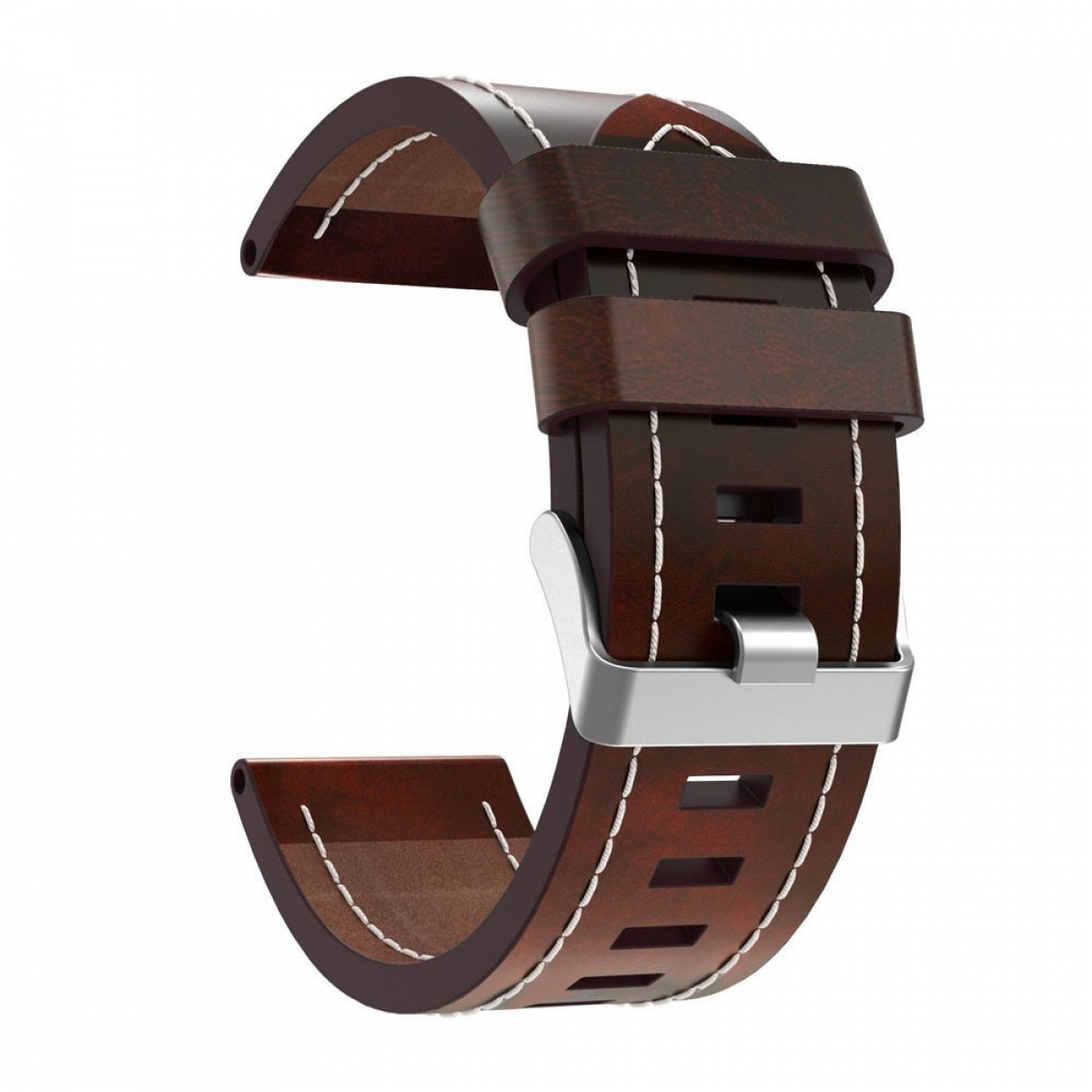 Braunes Leder-Armband mit weißen Nähten und einer silbernen Schnalle, vor weißem Hintergrund.