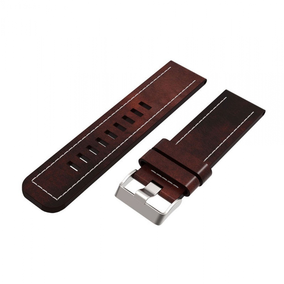 Leder-Uhrenarmband, braun, mit weißen Nähten und silberner Schnalle.