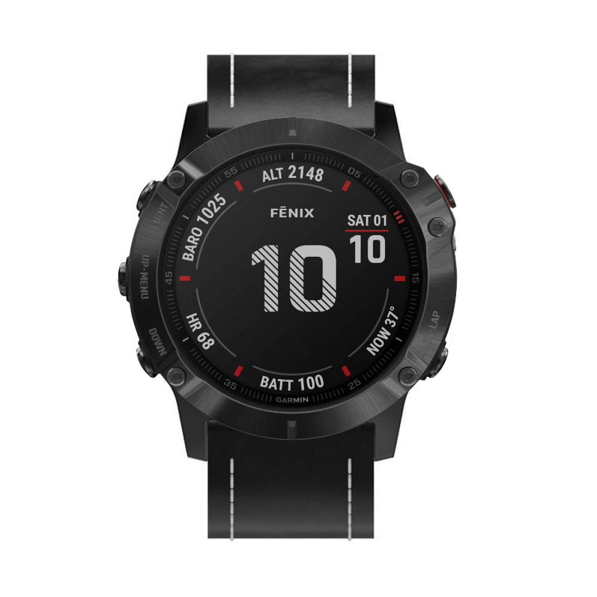 Eine schwarze Garmin-Uhr zeigt Zeit, Höhe und andere Daten an. Die Uhr hat ein schwarzes Armband.