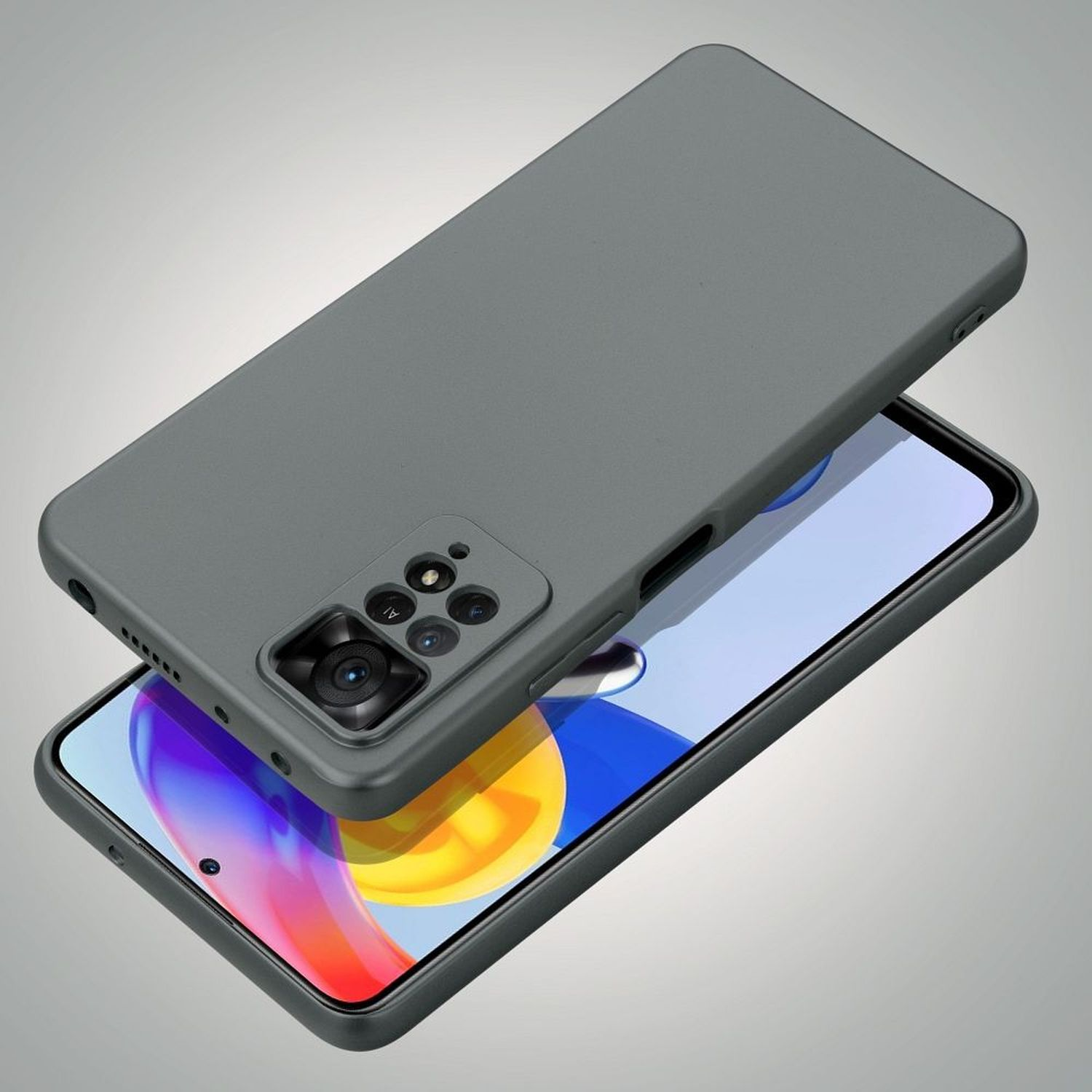 Eine graue Handyhülle auf einem Telefon, mit Kameraausbuchtung, auf einem farbverlaufenden Hintergrund.