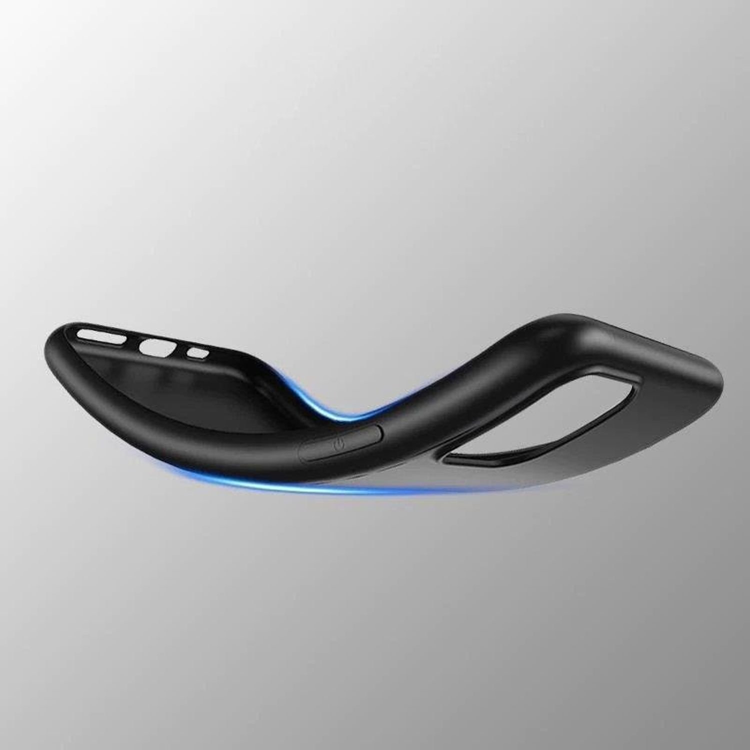 Schwarze Handyhülle. Innenansicht, gebogenes Design, mit Ein/Aus-Taste.